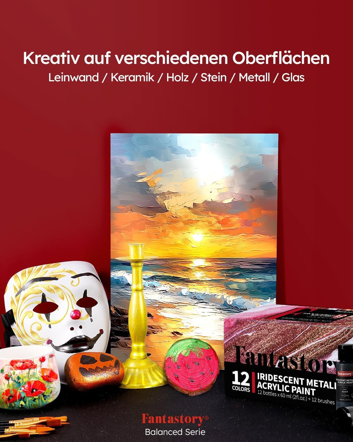 Fantastory Metallic Iridescent Acrylic Paint Set with 12 Brushes, 12 x 2oz Metallic Colors, Color-Shifting, Craft Paint Kit, Metal/Canvas/Rock/Stone/Ceramic/Model/Wood Painting [Balanced Series].