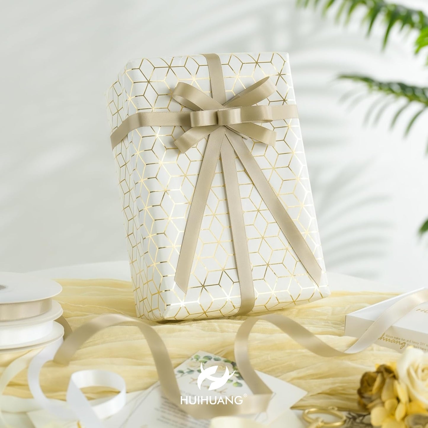 HUIHUANG Champagne Ribbon 1/2 inch X 50 Yards Continuous, Champagne Gold Double-Faced Satin Ribbon for Gift Wrapping, Bows, DIY Crafts, Flower Bouquet, Wedding Bridal Shower Decor