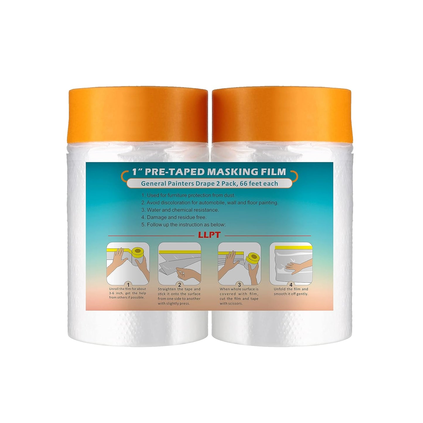 LLPT Tape and Drape 25.6”(Unfolded) x 66 Ft Each 2 Pack Pre-Taped Masking Film 0.27 Mil Painters Plastic Drop Cloth for Auto Wall Furniture Painting Protection (MFT652)