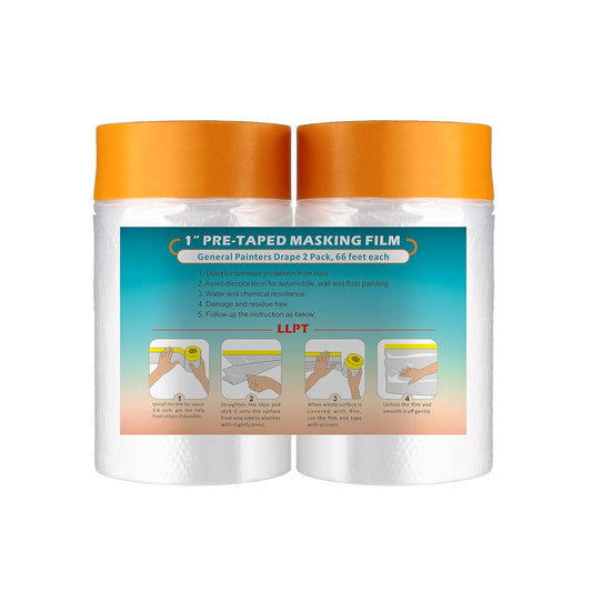 LLPT Tape and Drape 25.6”(Unfolded) x 66 Ft Each 2 Pack Pre-Taped Masking Film 0.27 Mil Painters Plastic Drop Cloth for Auto Wall Furniture Painting Protection (MFT652)