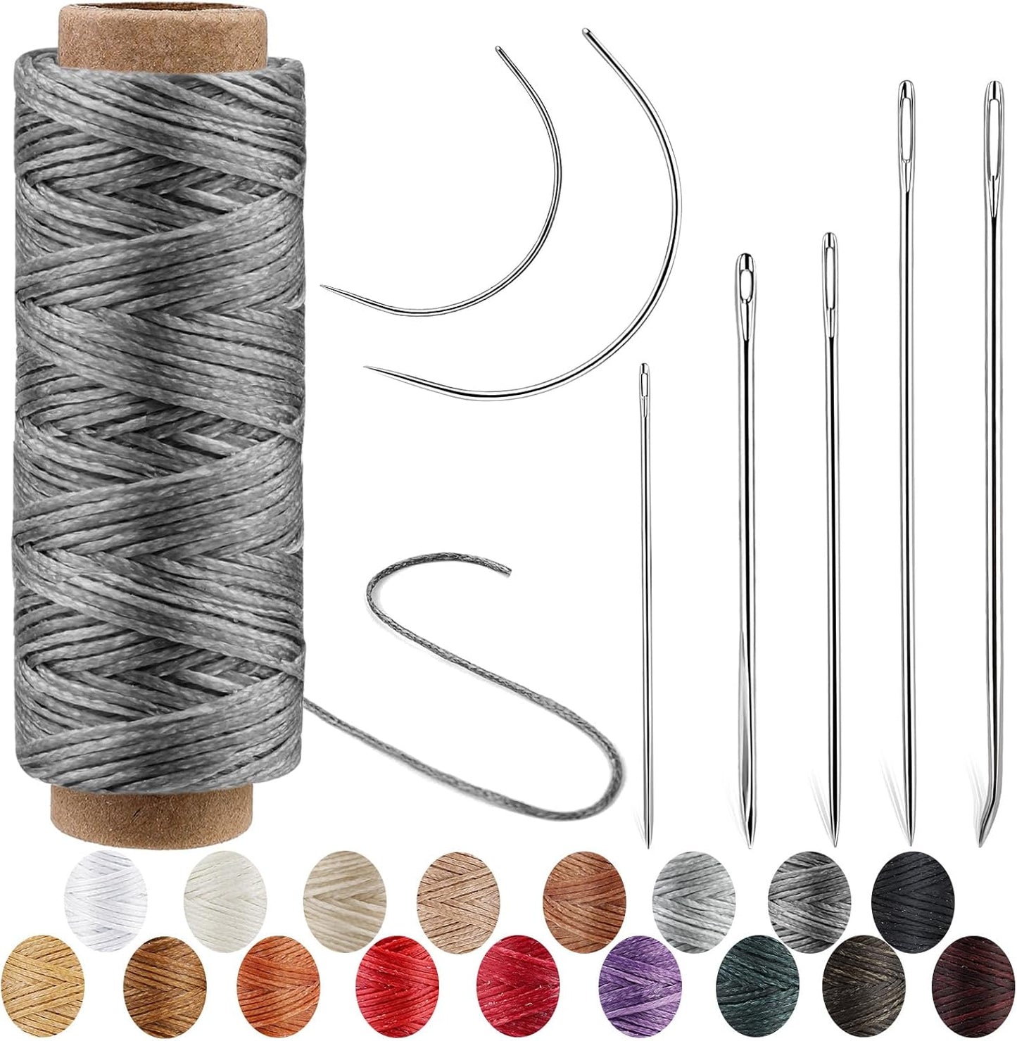 Ftyiwu Waxed Thread 55 Yards, Leather Sewing Waxed Thread with Hand Sewing Needles for Home Upholstery Carpet Leather Canvas Repair and Sewing(Dark Gray)