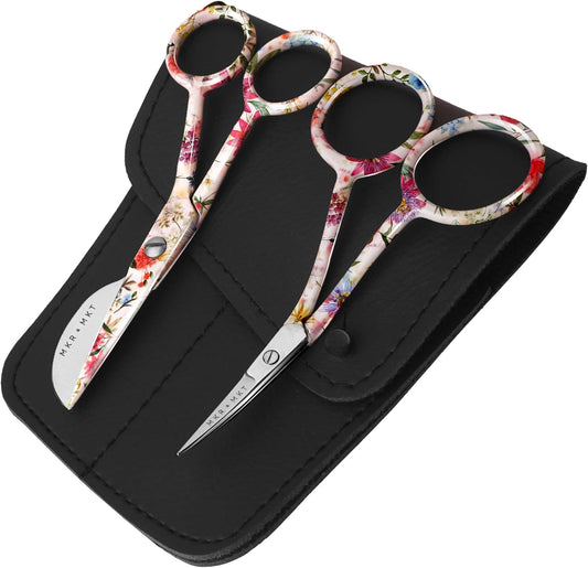 Small Embroidery 4.5 Inch Scissors Set of 2 Kit - Mini Double Bend Offset Duckbill and Double Bend Long Applique Needlepoint Blade with Pouch Sleeve (Floral)