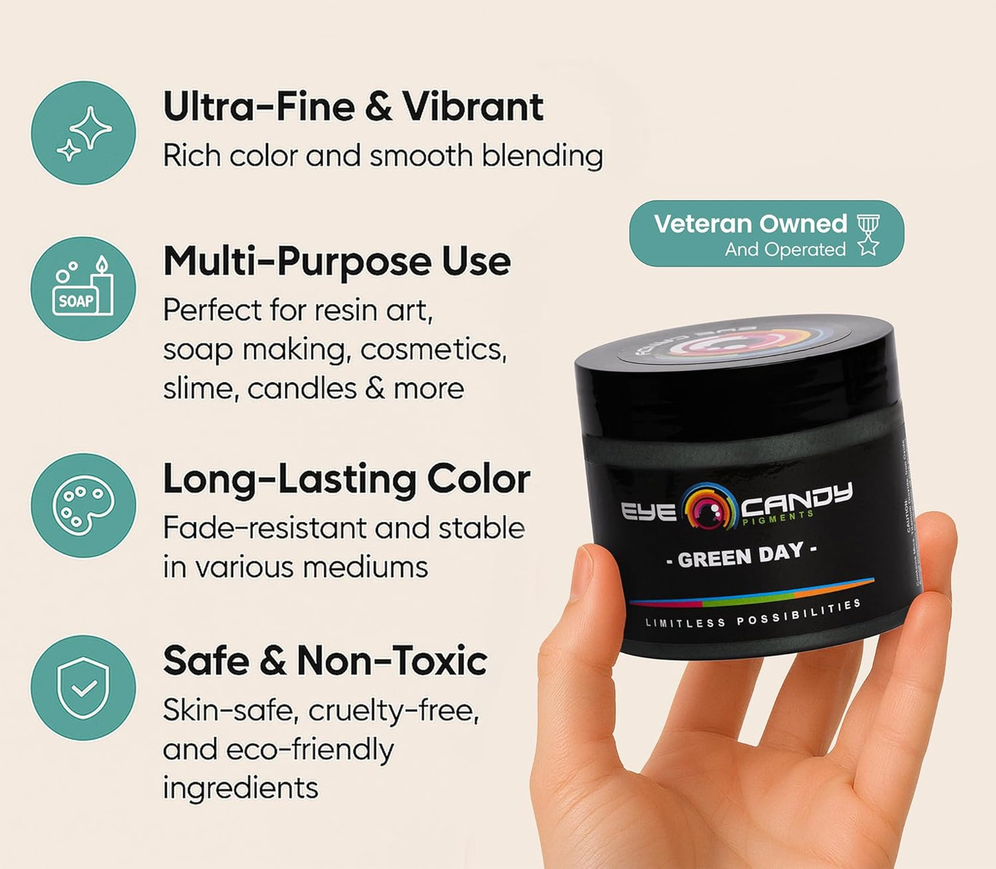 Eye Candy Pigments Premium Green Mica Powder - Green Day (50gr) - for Epoxy, Resin, Soap, Paint, Woodworking, Acrylic Pouring, Bath Bombs, Fishing Lures - DIY Arts and Crafts Additive