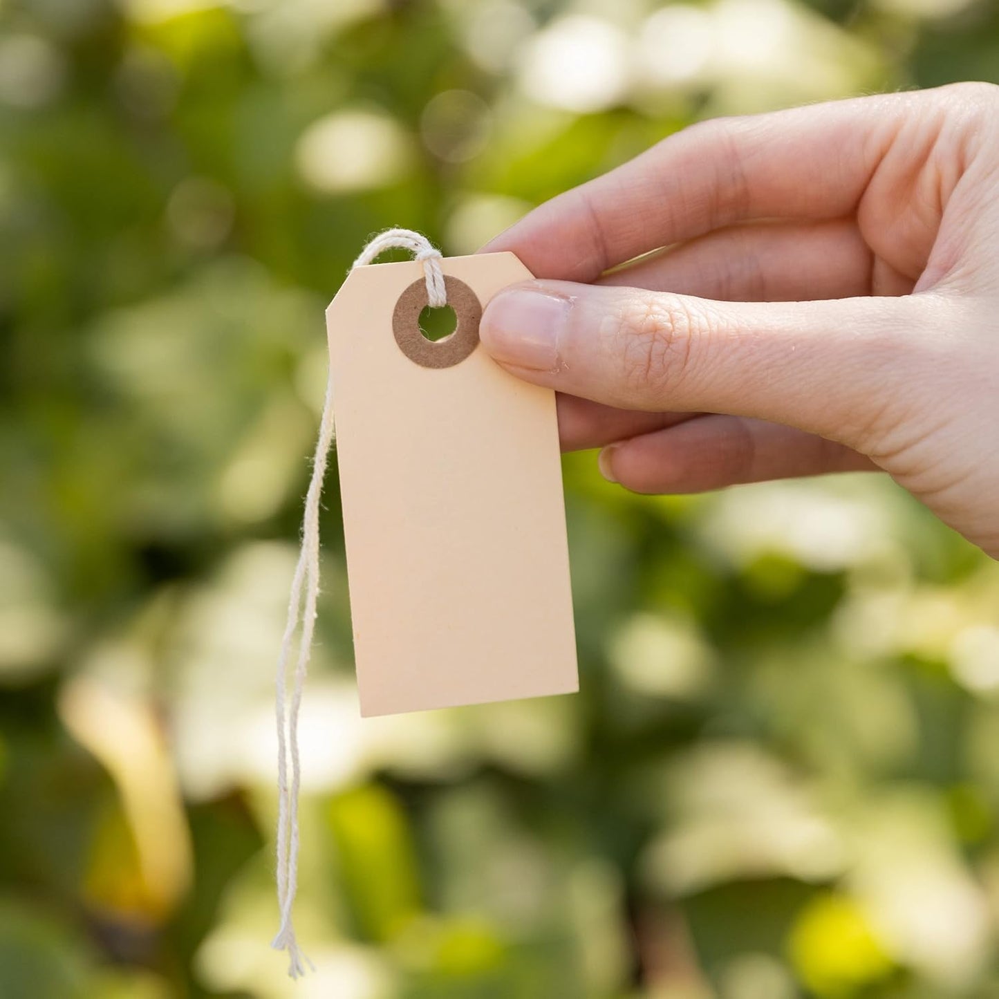 100 Small Manila Paper Tags with String - #1, 2 3/4” x 1 3/8” - Hang Shipping Labels with String Attached and Reinforced Hole, Pre-Strung Tags