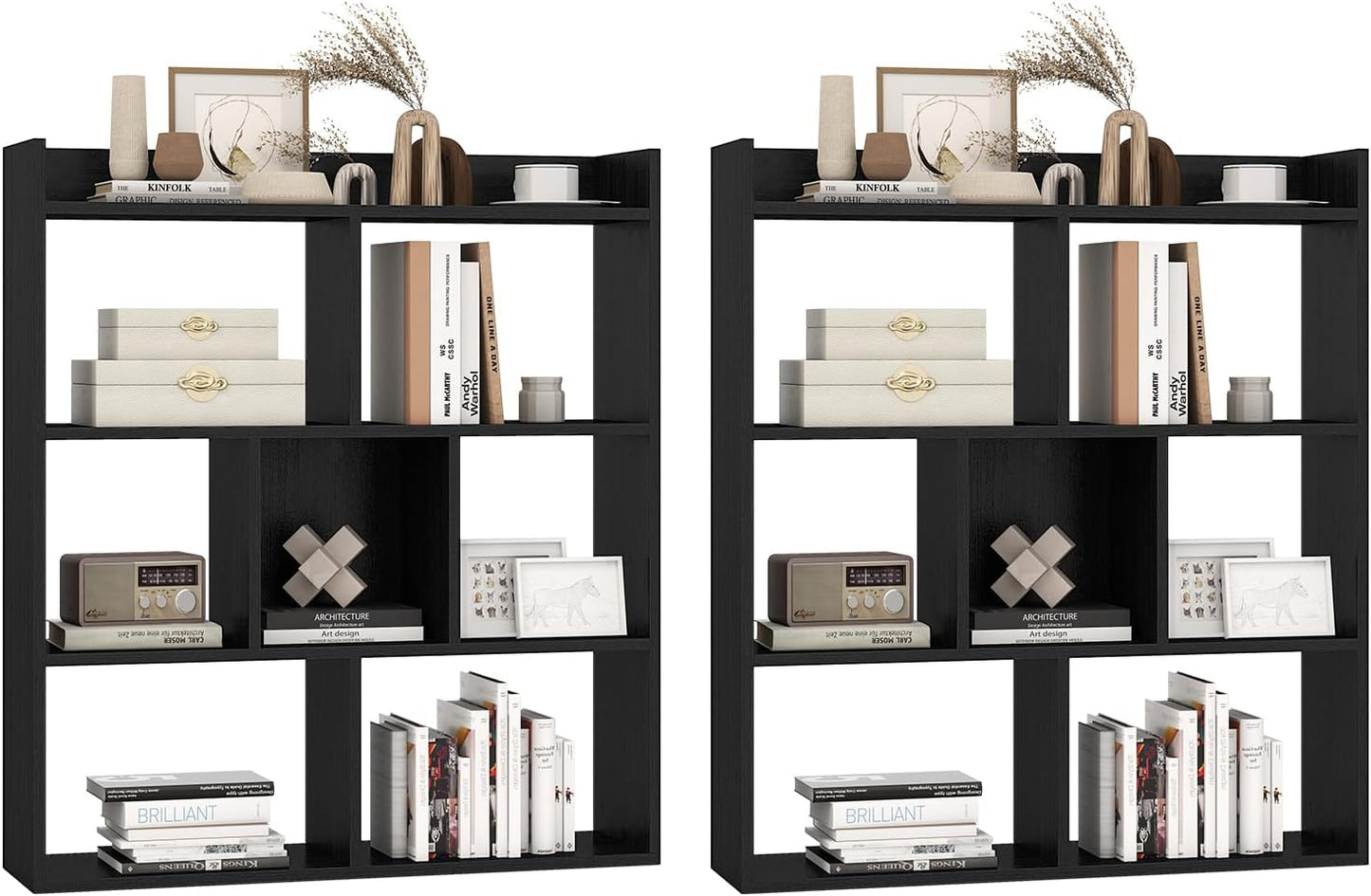 Giantex 7 Cubes Bookshelf, Free-Standing Wooden Bookcase, 4 Tier Home Display Shelf, Horizontal Storage Unit w/Anti-Toppling Devices, Open-Back Display Rack for Study, Living Room (2, Black)