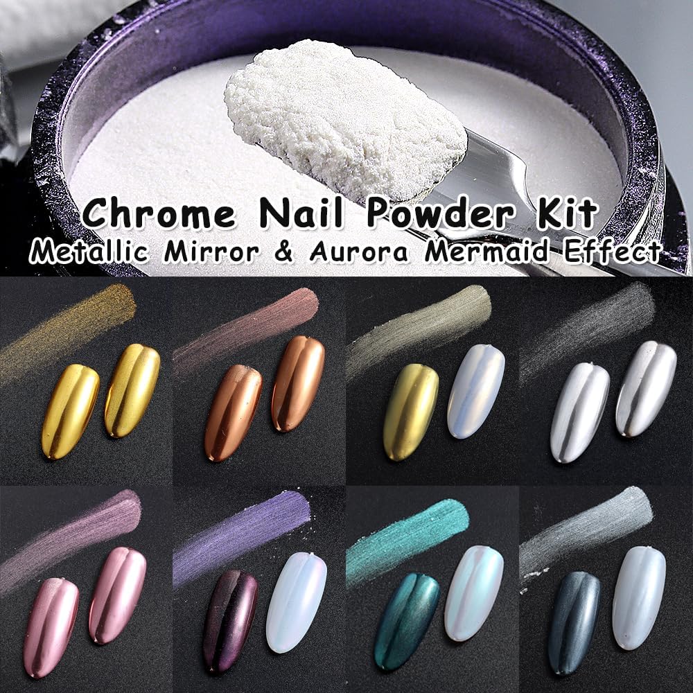 8 Jars Chrome Nail Powder Magic White Pearl Kit, Metallic Mirror Effect Holographic Glitter Iridescent Aurora Mermaid Pearl Pigment Dust Kit for Gel Polish Nail Art Decoration, Resin Craft