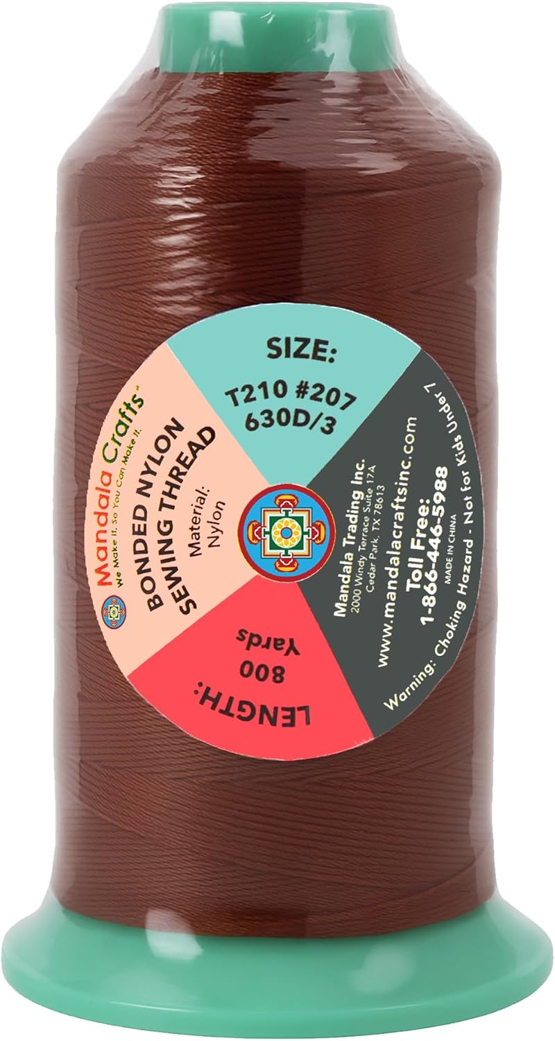 Mandala Crafts Size 207 630D T210 Bonded Nylon Thread Copper Brown Heavy Duty Sewing Threads - 800 YDs Tex 210 Thread for Leather, Jeans, Weaving, Outdoor Marine Upholstery Threads