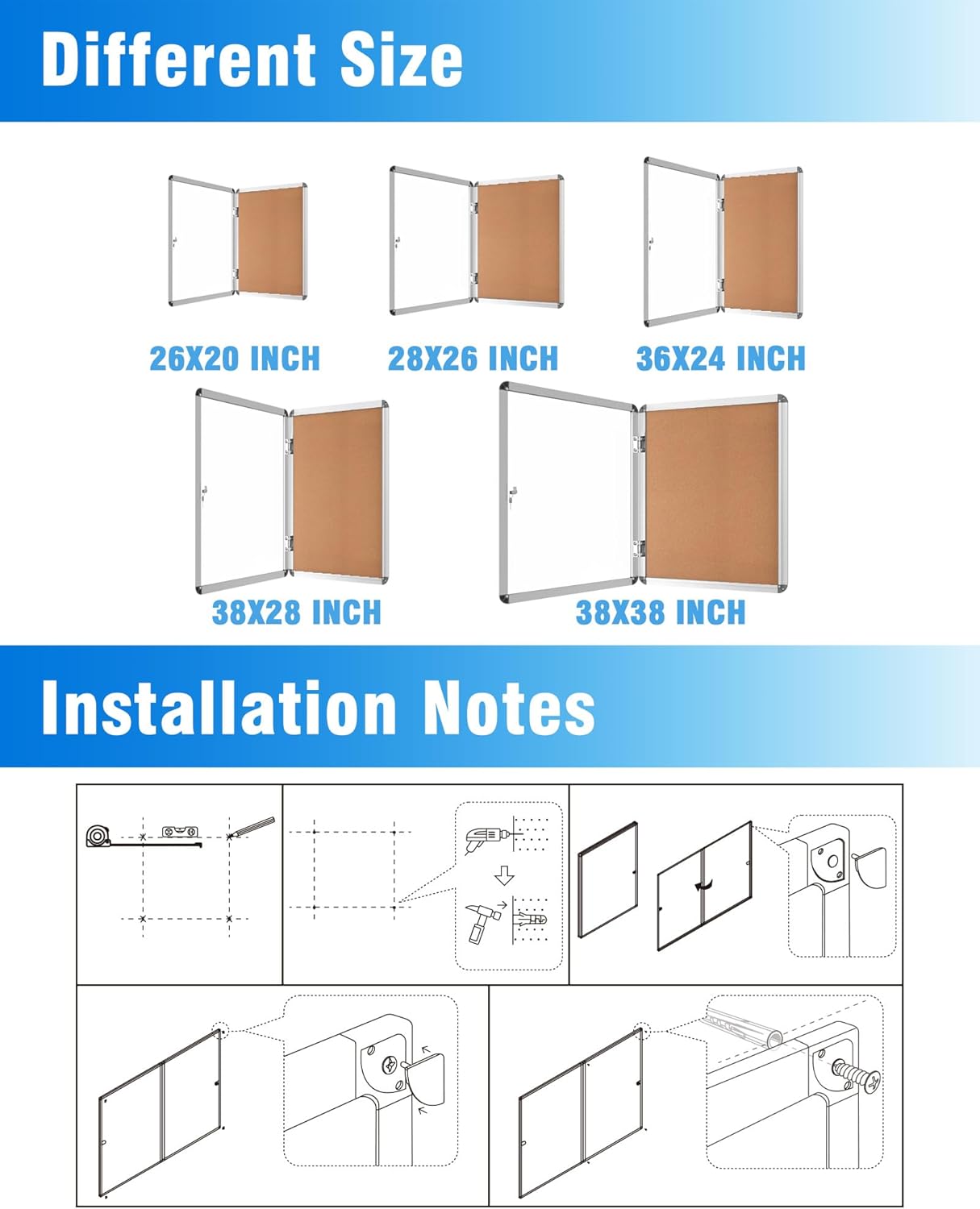 2 Pack 26"x20" Enclosed Bulletin Board, Lockable Weather-Resistant Aluminum Cork Noticeboard for School & Office, Silver Frame w/Cork