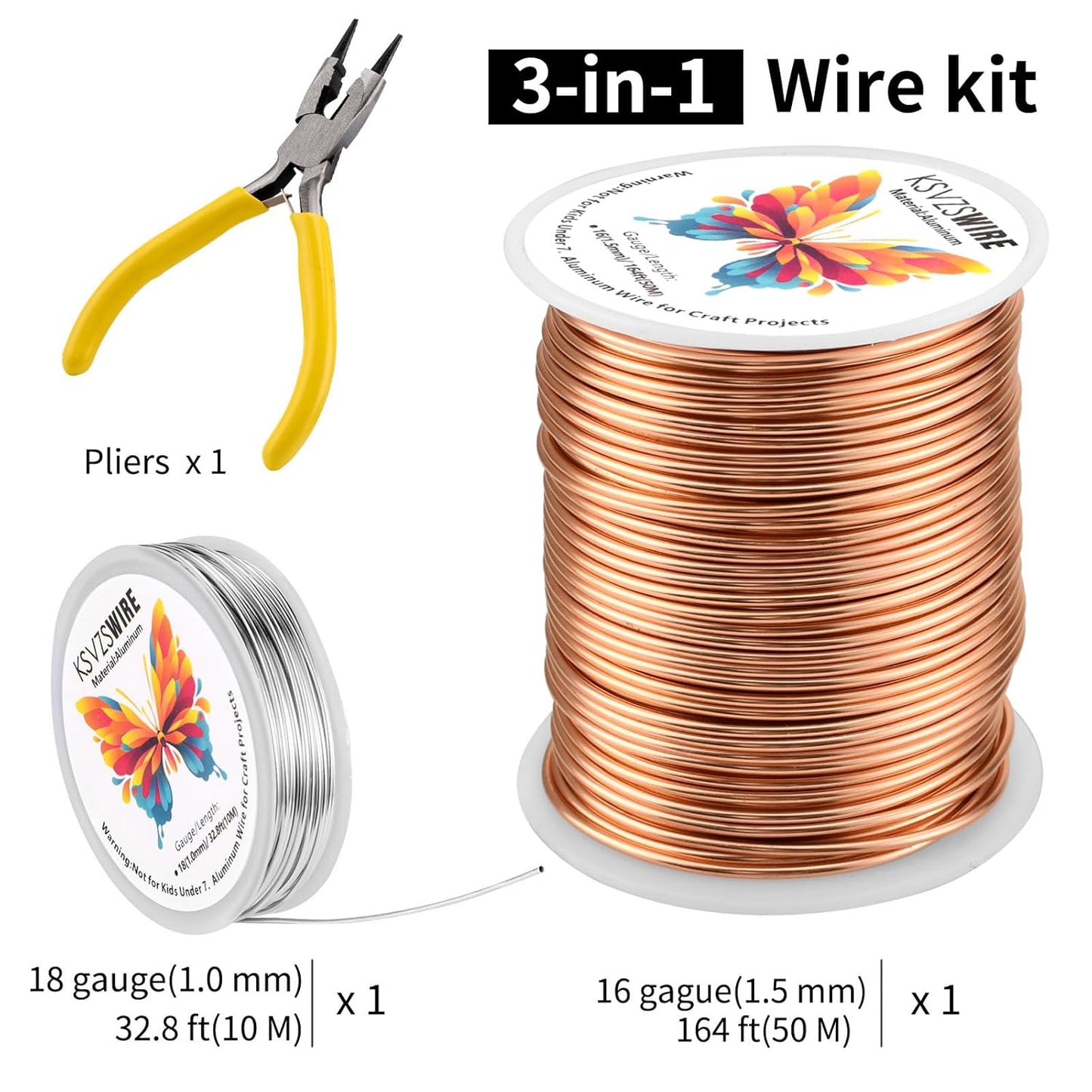 16 Gauge(1.5mm) Aluminum Wire 164 Feet(50 M) KSVZS Bendable Metal Wire for Crafts, Sculpting, Armature, Jewelry Making【3-in-1】+18 Gauge(1.0 mm) 32.8 Ft(10 M)+1 Plier(Champagne Gold)