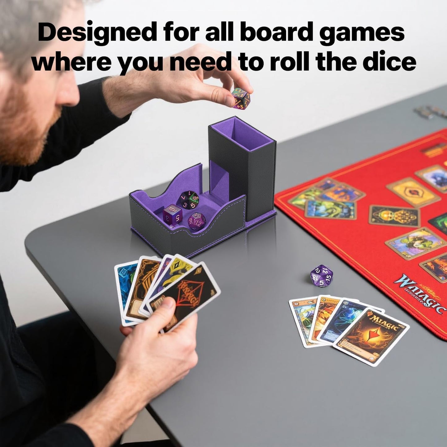 Dice Tower and Tray, Portable Commander Deck Box, Foldable Dice Storage Box for Dungeons and Dragons Rolling Tray Black/Violet