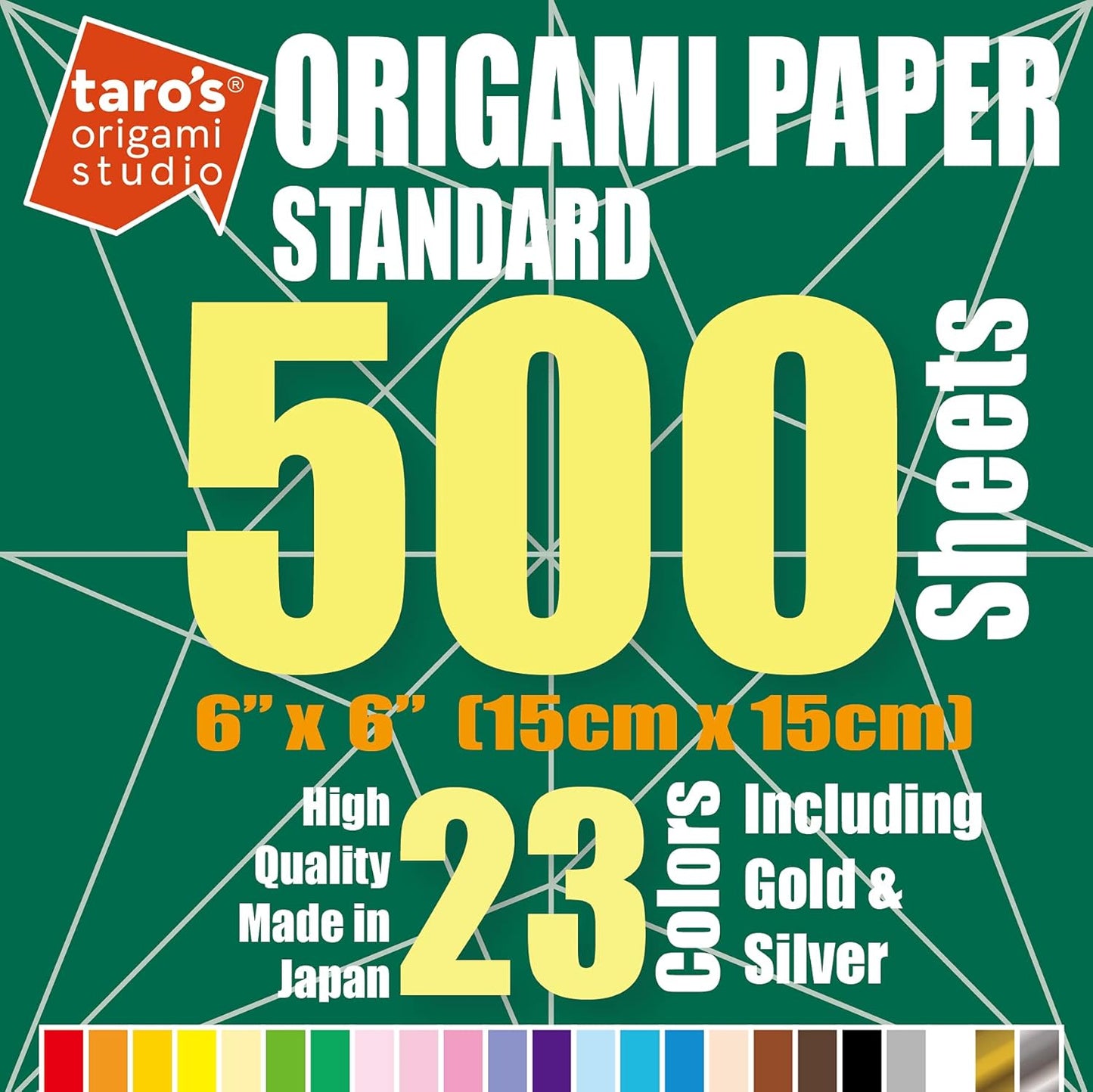 [Taro's Origami Studio] Standard 6 Inch One Sided 23 Colors 500 Sheets Square Easy Fold Premium Japanese Paper for Beginner (Gold and Silver Included)