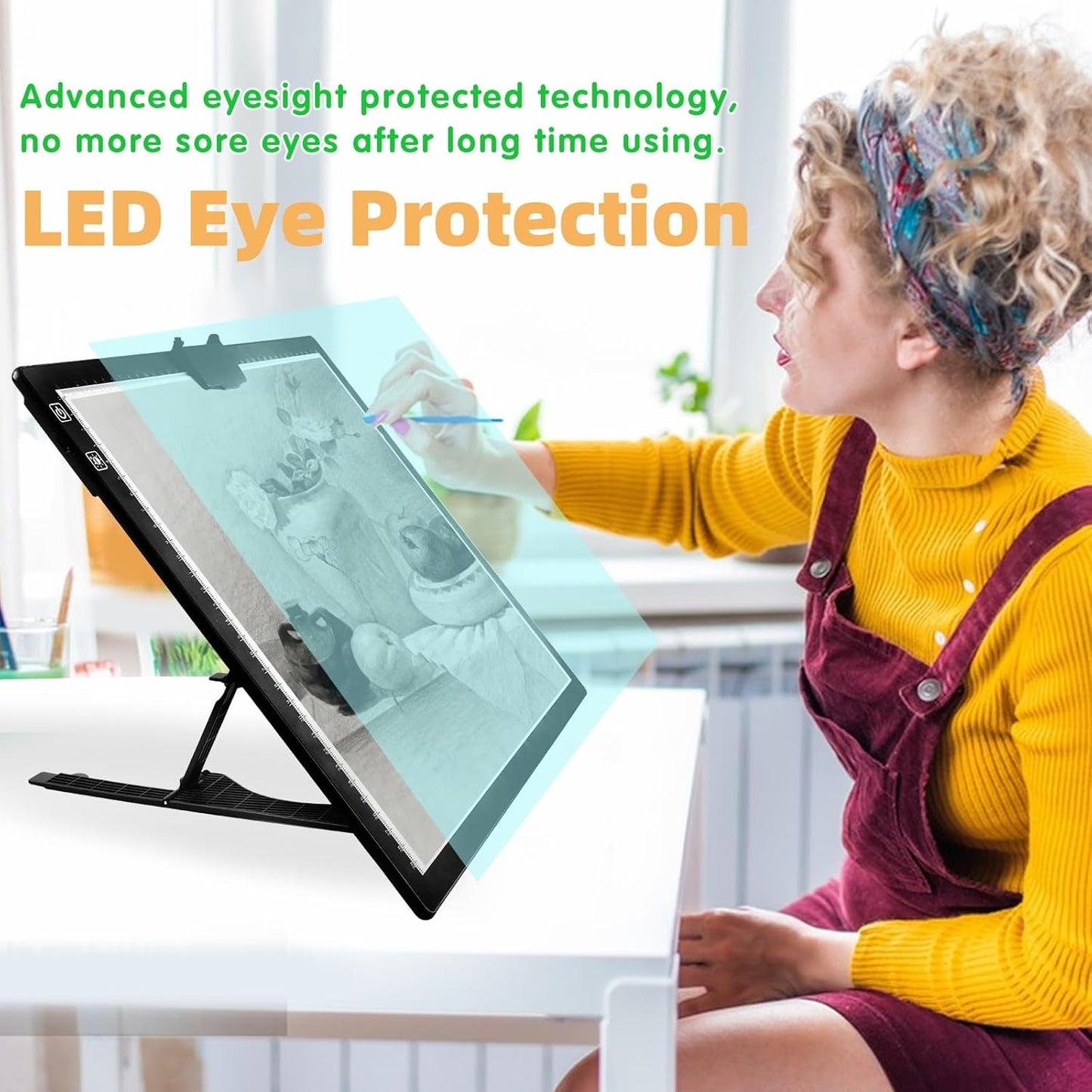 HIUKCOLED Rechargeable A3 Light Pad with Diamond Painting Light Board Carry Bag, Built-in Foldable Stand＆top Clip, 3 Colors/Stepless/6-level Brightness, Battery Powered Wireless LED Tracing Box