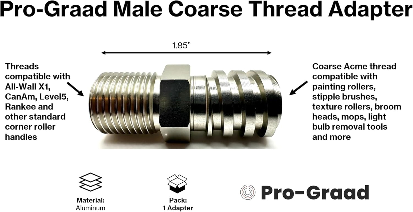 Aluminum Male Coarse Thread Adapter - Converts Drywall Corner Roller Handle to Acme 3/4" Threads to fit Paint Rollers, Stipple Brushes, Brooms, Mops & More - Lightweight & Durable