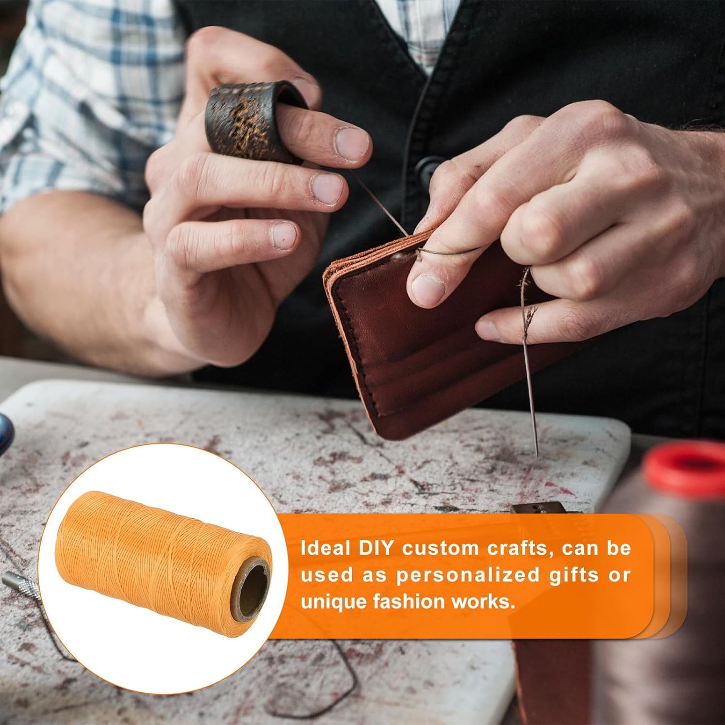 MECCANIXITY Waxed Thread,284 Yard 0.8mm 150D Flat Wax Thread Polyester Waxed String for Leather Sewing Hand Weaving Book Binding Home Decoration, Yellow-Brown