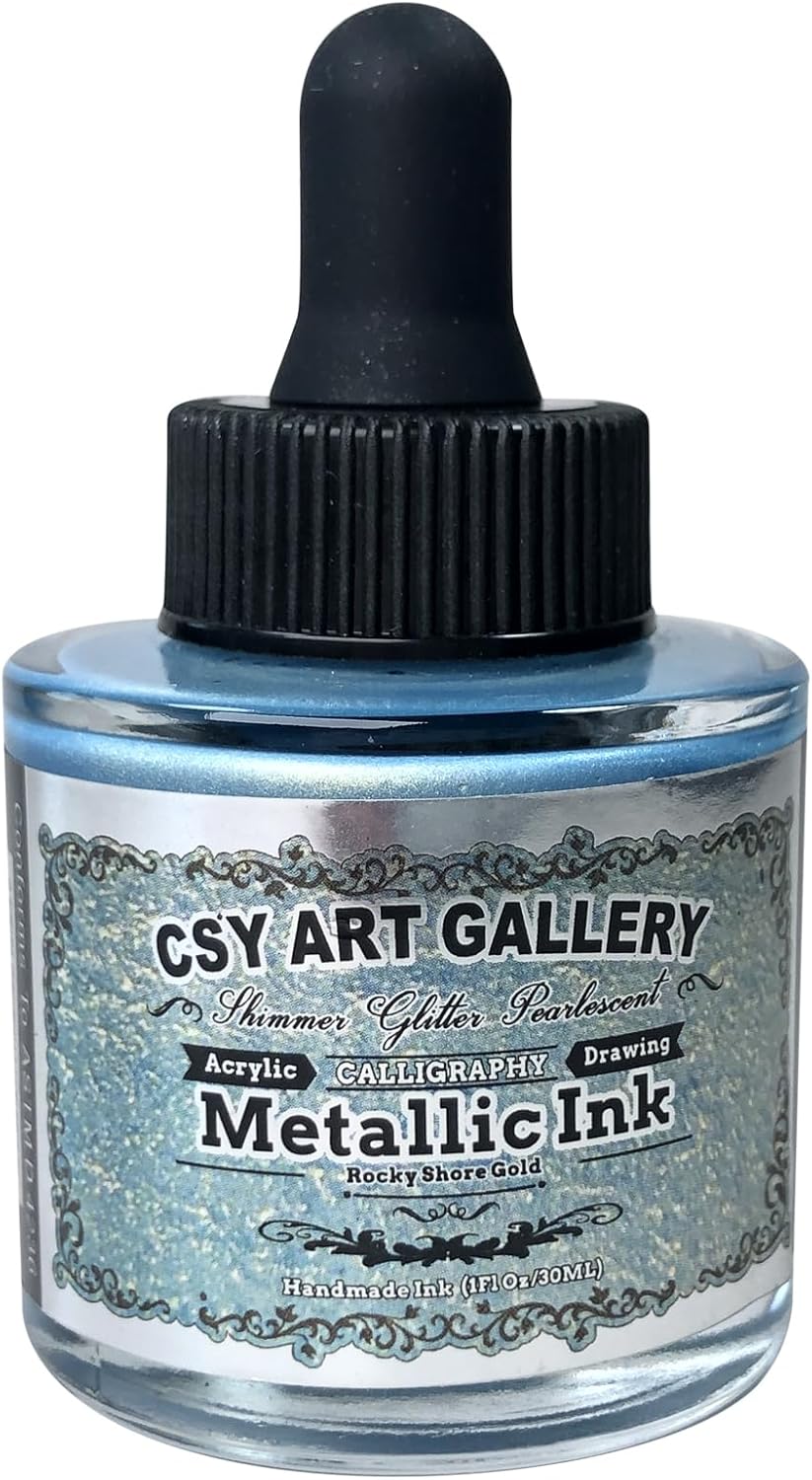 CSY Art Gallery Metallic Acrylic Paint Inks -Calligraphy Ink -Professional Rich Pigment for Marker Pen,Painting,Drawing,Sketch,Resin,Wood,Ceramic (Rocky Shore Gold)