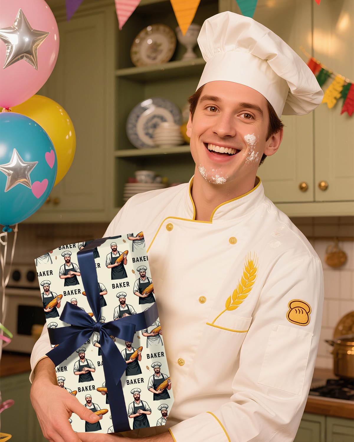 Pineraap 12 Sheets Baking Theme Wrapping Paper, Cute Baker Design Gift Wrap Paper with Croissant, Bread, Folded Flat Art Paper for Baking Lover, Baker, Birthday, DIY Crafts, 19.7 x 27.6 Inch