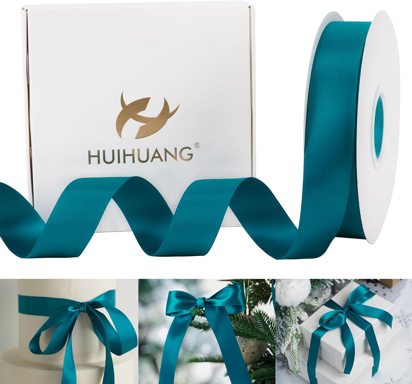 HUIHUANG Peacock Blue Satin Ribbon 1 inch x 50 Yards, Double-Faced Satin Fabric Ribbon for Christmas Gift Wrapping, Flower Bouquet, Invitations, Holiday Decor, Hairs, Bows Making