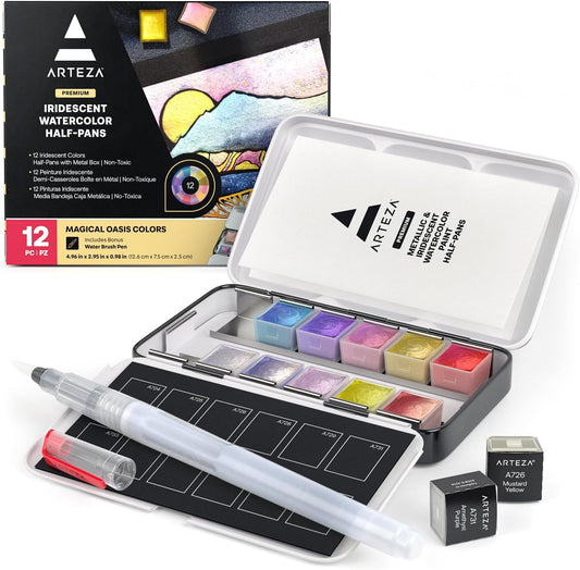 ARTEZA Metallic Watercolor Paint Set – 12 Iridescent Half Pans, Compact Travel Palette with Brush for Painting, Journaling & Mixed Media
