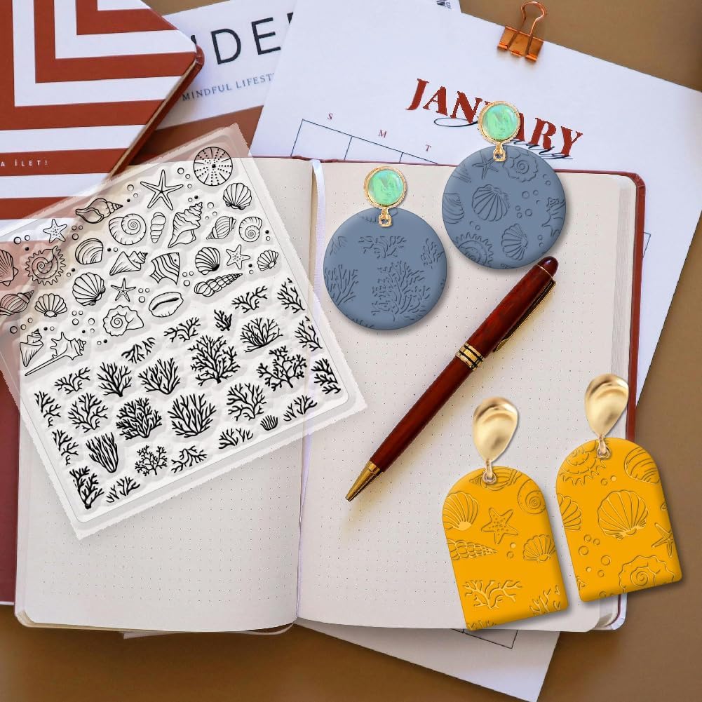 CHGCRAFT Polymer Clay Texture Sheets - Ocean Silicone Stamp for Coral Shells - Clay Pad for Making Earrings Jewelry, 5.5x5.5inch