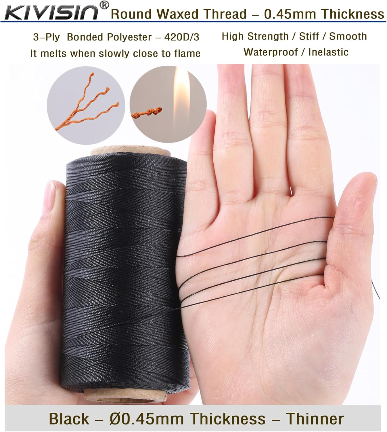 Thin Wax Polyester Thread, 0.45mm, 547 Yards, 3 Ply Round Waxed Cord Strings for Sewing, Beading, Binding, Micro Braiding, Fine Leather Craft and Micro Macrame Jewelry - Black