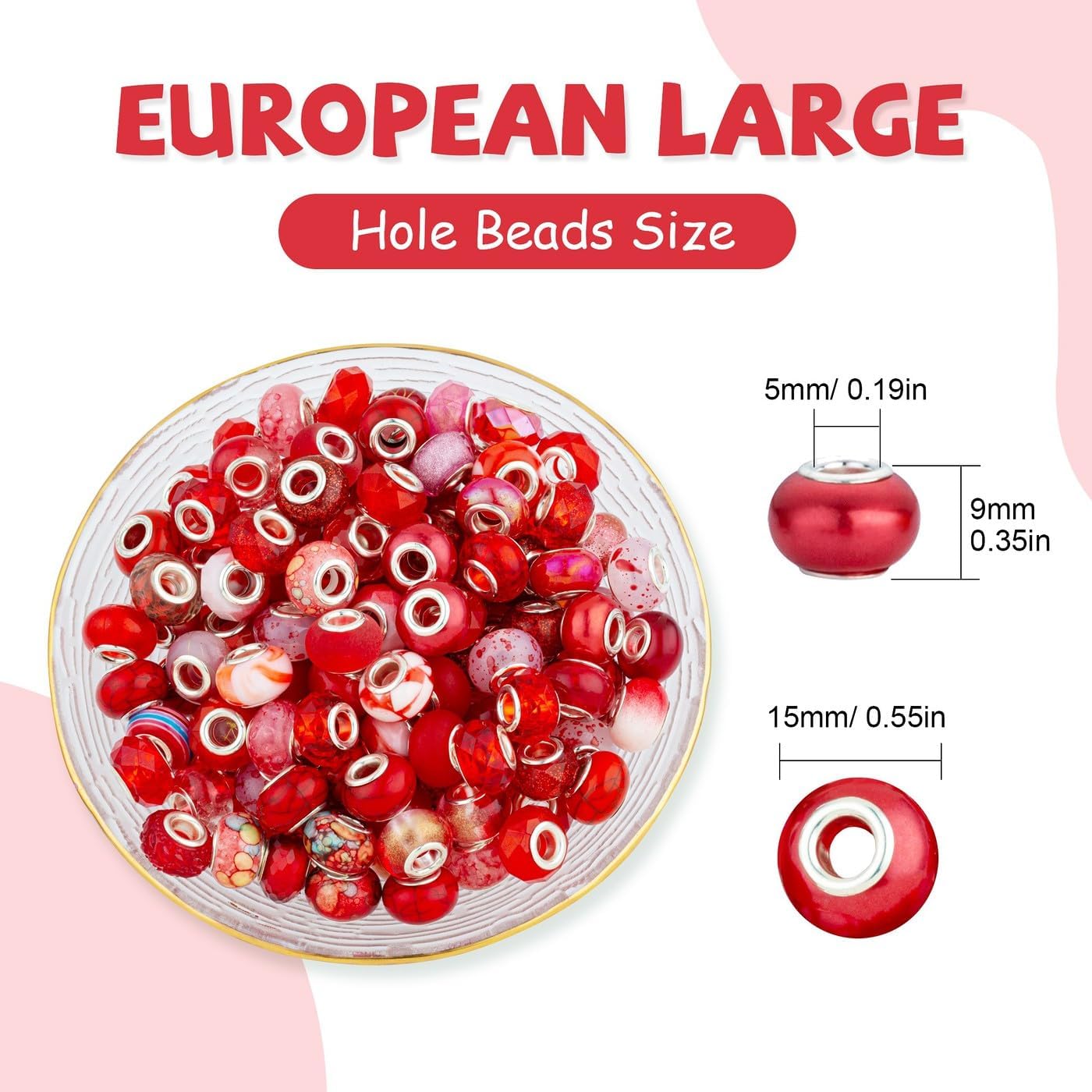 LAIDANLA Red Mix Large Hole Beads, 100pcs 15mm Round Resin, Plastic, Acrylic Loose Beads for Jewelry Making, Crafts, Decoration