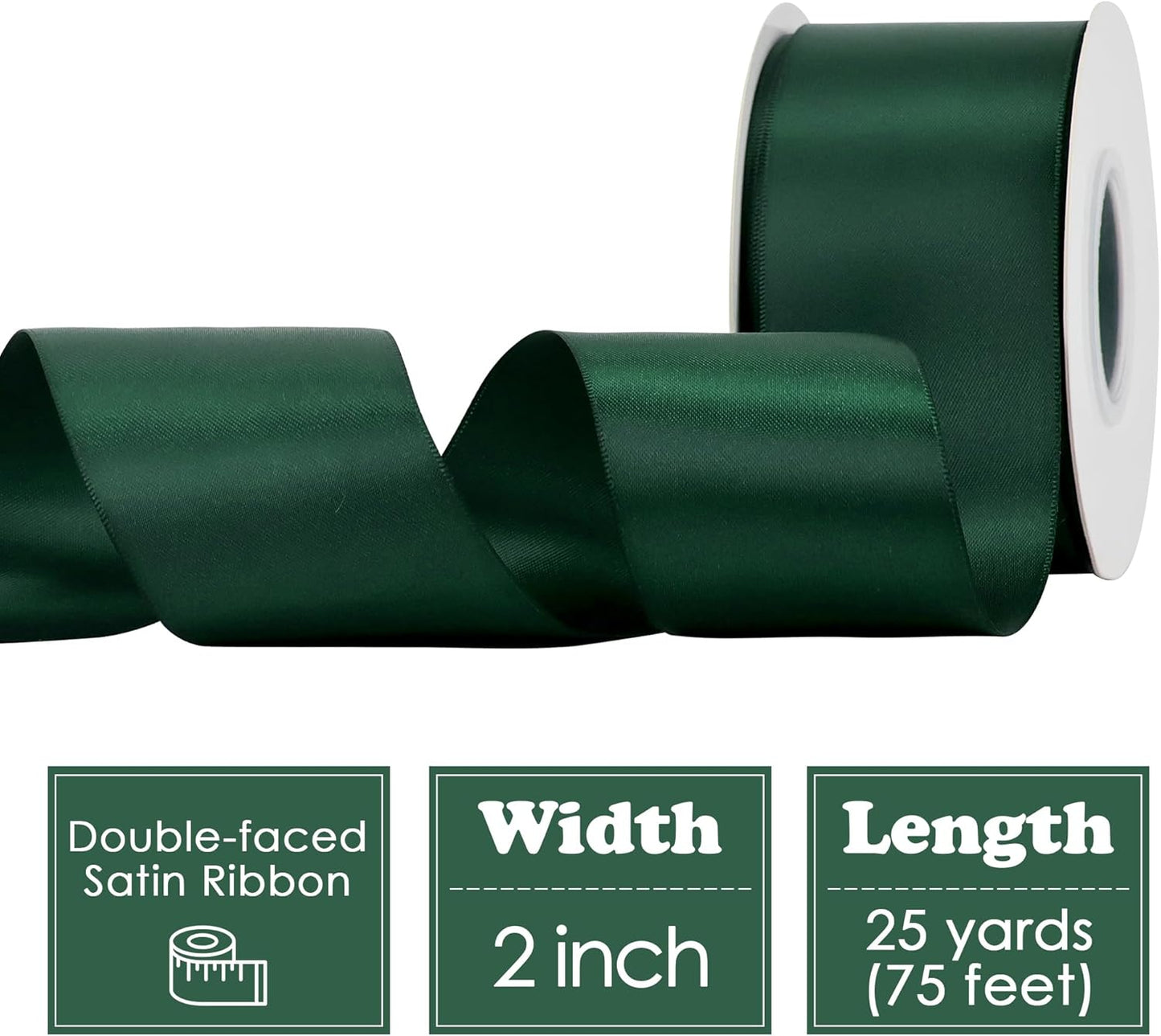 HUIHUANG Hunter Green Satin Ribbon 2 inch Double Side Green Satin Fabric Ribbon for Christmas, Crafts, Bows Making, Flower Bouquet Wrap, Gift Wrapping, Wedding Decor, Home Decor, Hairs-25 Yards/Roll