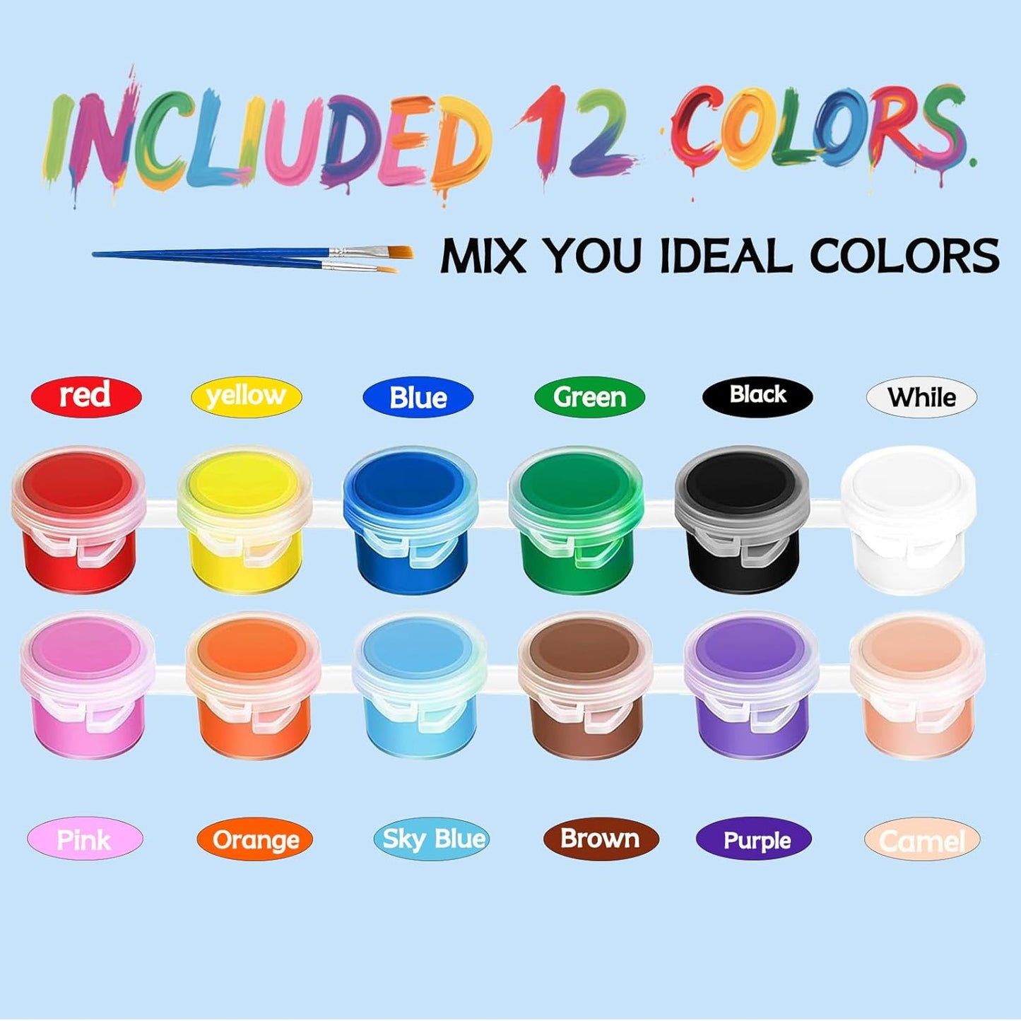 10 Pack Mini Acrylic Paint Set, 12 Colors Washable Paint Strips for Kids & Adults - Includes 20 Brushes (10 Flat + 10 Pointed), kids Paint Kits for Easter Eggs, Birthday, Classroom Party, Art Gifts