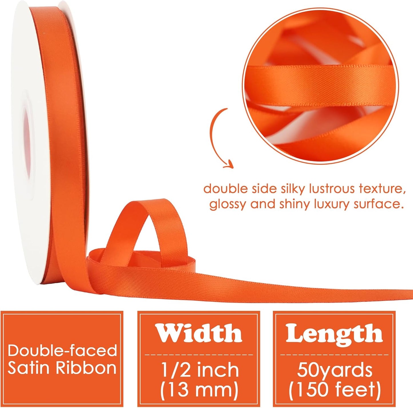 HUIHUANG Orange Ribbon 1/2 inch Continuous 50 Yards Tangerine Double-Faced Satin Ribbon for Gift Wrapping, Bows, DIY Crafts, Flower Bouquet, Wedding Decor, Holiday Decor