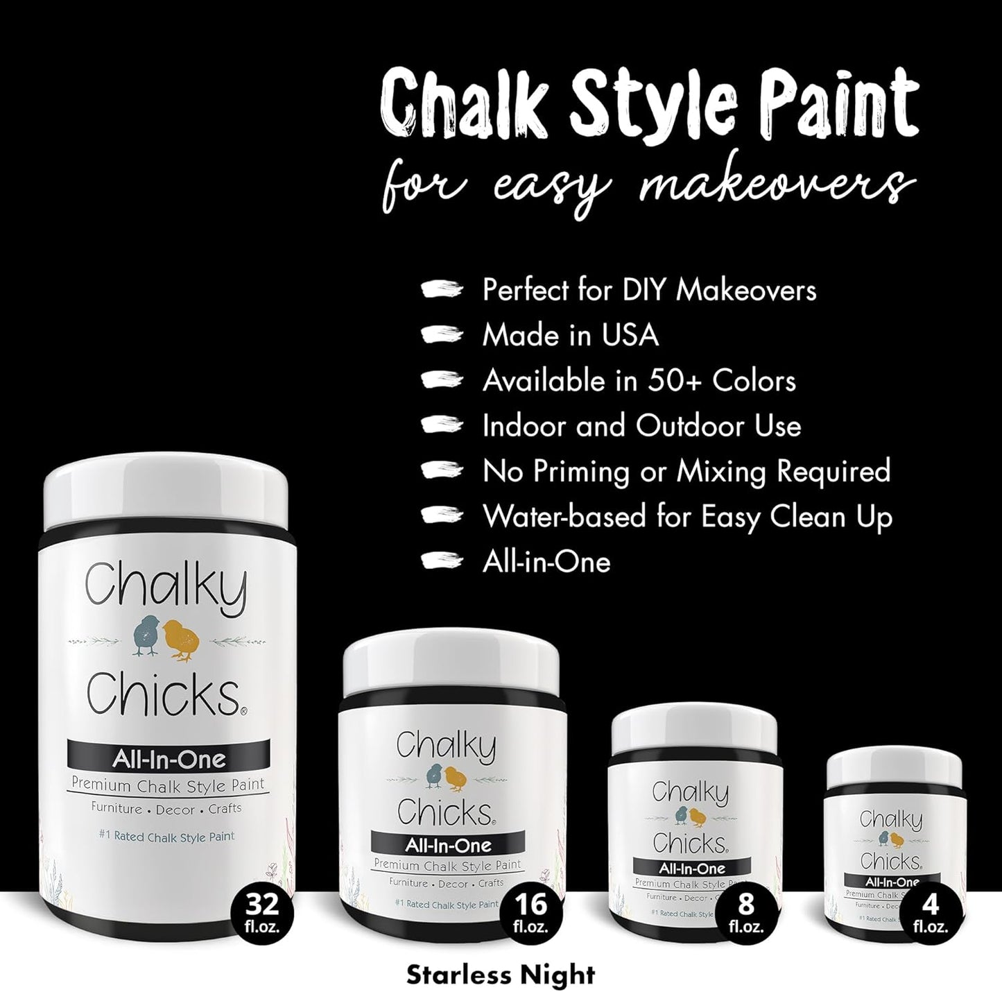 Chalky Chicks All-in-One Chalk Paint for Furniture or Cabinet - 16 Fl Oz - Matte Finish Starless Night Black for Metal, Wood Furniture Paint - No Sanding All-in-One for Home Decor & Crafts, USA Made