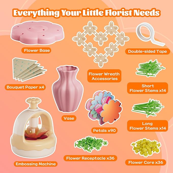 Fabric Flower Bouquet Craft Kit, DIY Arts & Crafts Toy for Kids, Creative Flower-Making Activity Set, Educational Preschool Toy, Perfect Birthday & Christmas Gift for Girls Ages 4 5 6 7 8+ (yellow)