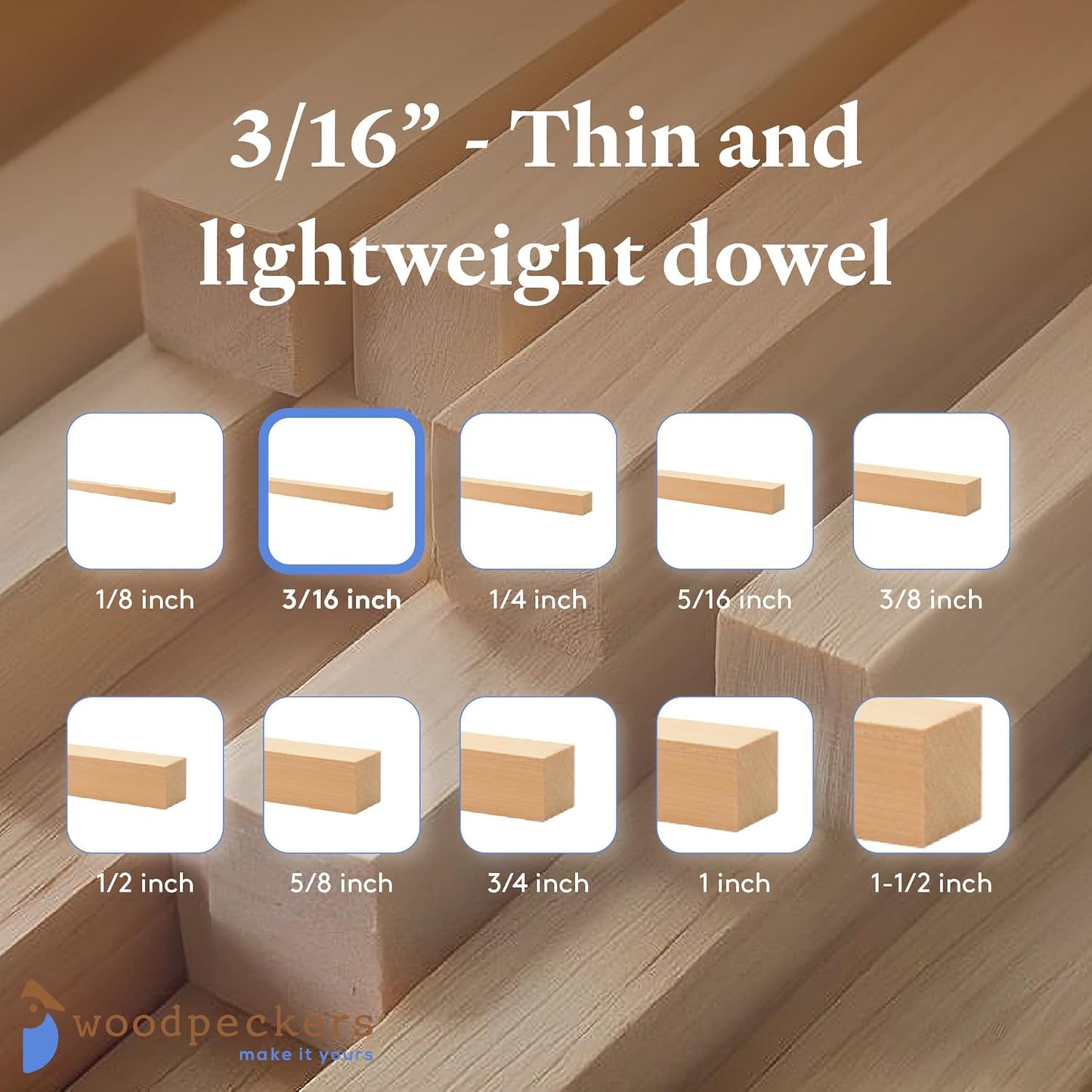 DIY Wooden Square Dowel Rod 3/16-inch x 36 Pack of 50 Hobby Wood Sticks for Crafts, Wood Trim & Architecture Model Making, by Woodpeckers