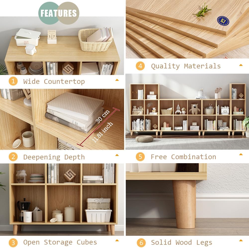 IOTXY Open Cube Low Bookcase - 3-Tier Freestanding Storage Display Cabinet Organizer with Legs for Home Office, 11-Cubes Open Shelf Short Bookshelf, Oak