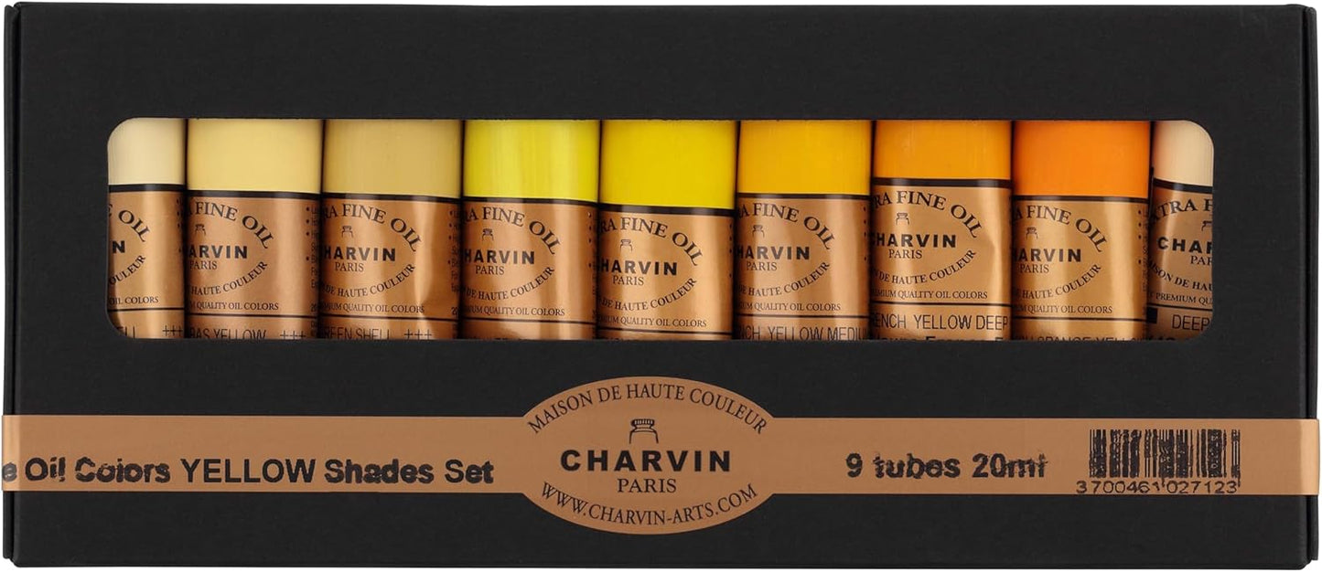 Charvin Extra Fine Professional Artist Oil Paint Set of 9 Shades of Yellow - 20ml - Triple-Milled for Smoothness, Rich Texture, Poppy Oil-Based, Light-Fast, Handmade Oil Color Paints for Professionals