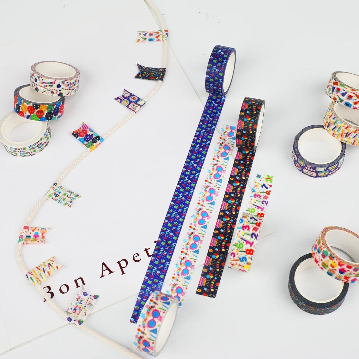 12 Rolls Happy Birthday Washi Tape, Colorful Cake Candles Masking Tapes, Balloons Birthday Hat Decorative Washi Tape for Birthday Party Gift Wrapping Scrapbooking DIY Art Crafts 16.4FT