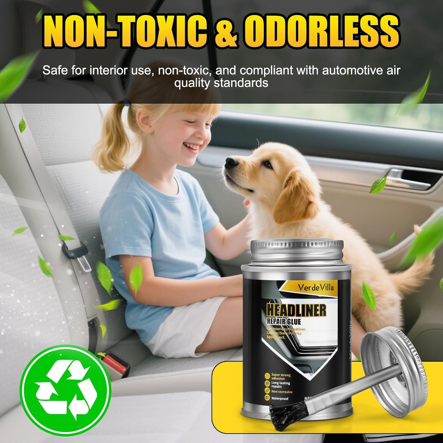 Headliner Repair Glue, Car Headliner Adhesive with Brush, Car Roof Liner Fabric Adhesive, Upholstery Glue for Cars,Headliner Repair Kit, Suitable for Automotive interiors, Fabric, Leather,150ml