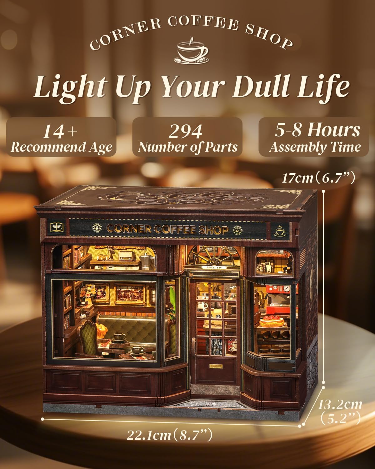 Cutefun Book Nook Kit - DIY Miniature Doll House Kit, Book Nook Kits for Adults, 3D Wooden Puzzle Bookend Bookshelf with LED Light for Cafe Crafts Lovers (Corner Coffee Shop)