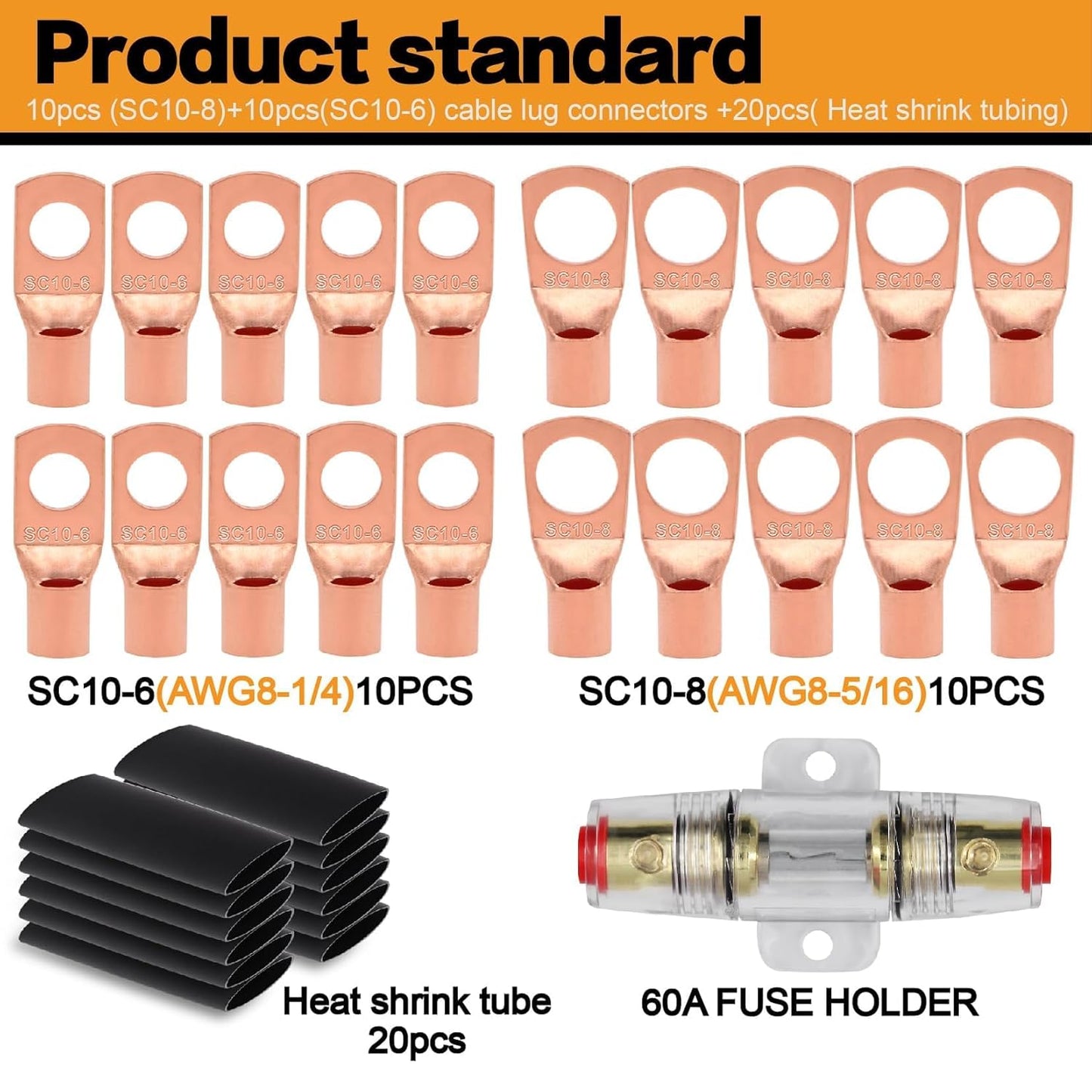 8 Gauge Wire Copper Aluminum CCA 50FT(25FT Red+25FT Black) Power & Ground Cable with 60A Fuse Holder,8ga Lugs,3:1 Heat Shrink Tube - Amp Wiring Kit for Car Audio,Battery,RV Trailer,Marine