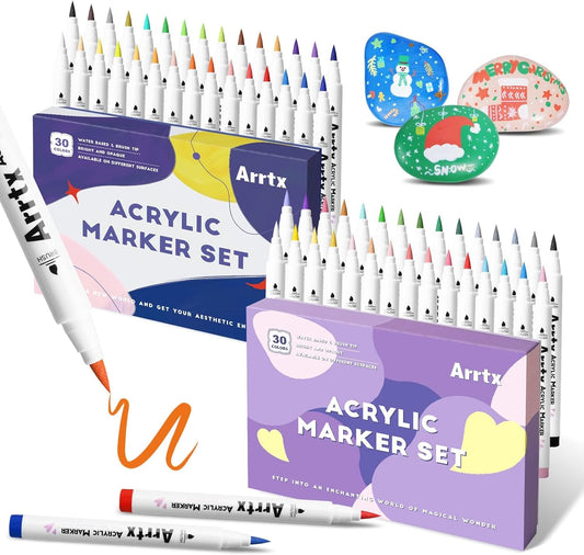 Arrtx Acrylic Paint Pens, 58 Colors for Rock Painting, Extra Brush Tip, Water Based Paint Markers for Stone, Glass, Easter Egg, Wood and Fabric Painting-No Toxic,No Odor-Type 30A+B
