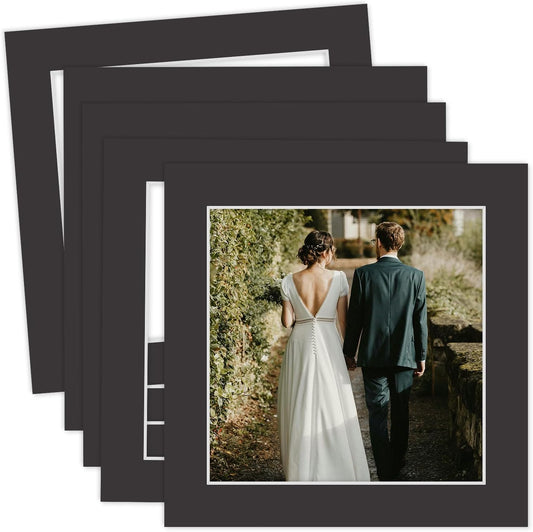 MBC Mat Board Center, 5 Pack 10x10 for 8x8 Black Picture Mats Frame Mattes, Bevel Cut, Acid Free, 4-ply Thickness