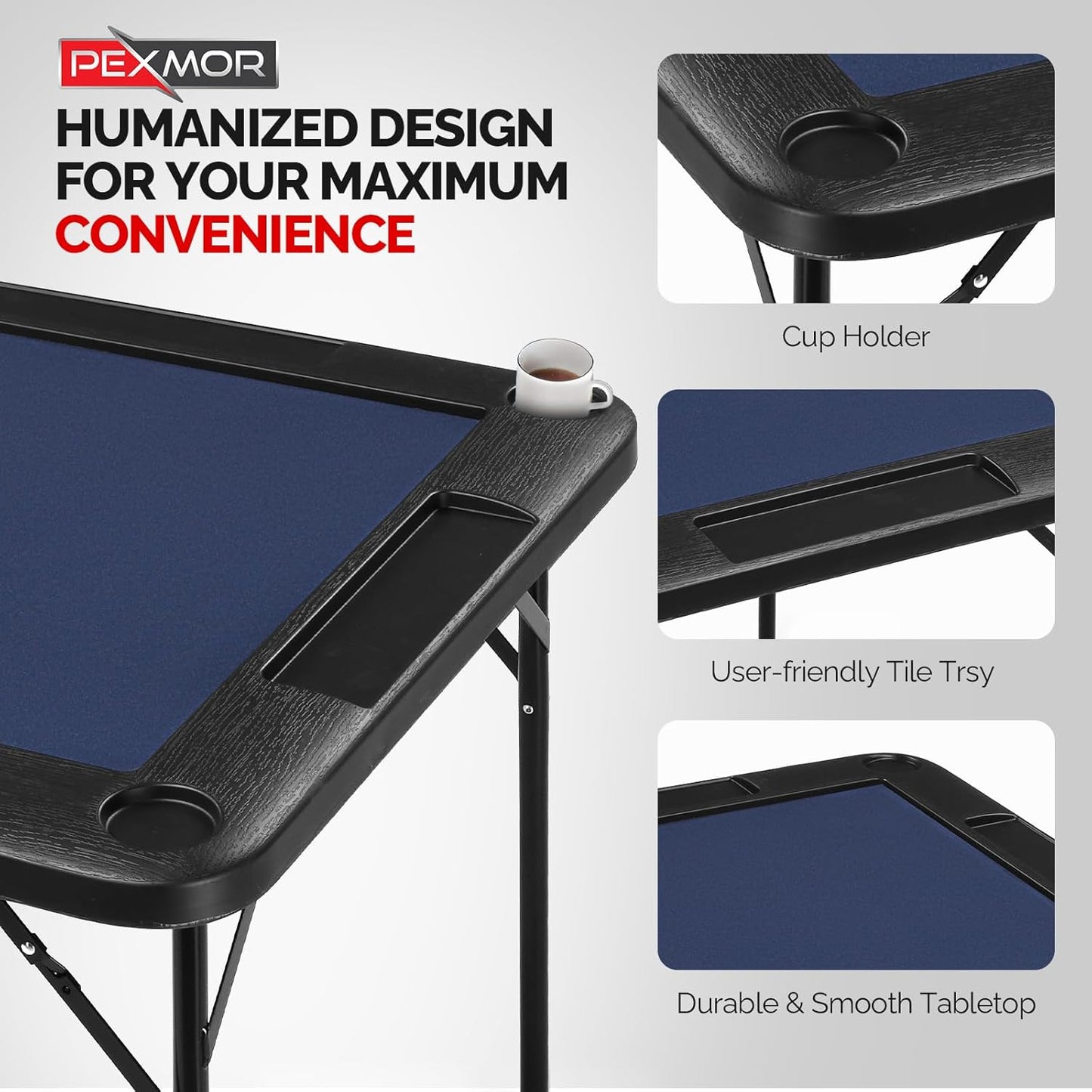 PEXMOR 35" Foldable Mahjong Table, 4 Player Card Game Table w/Cup Holders & Chip Grooves, Portable Folding Poker Domino Board Game Table for Blackjack, Texas Hold'em, Jigsaw Puzzles Game (Blue, 35")