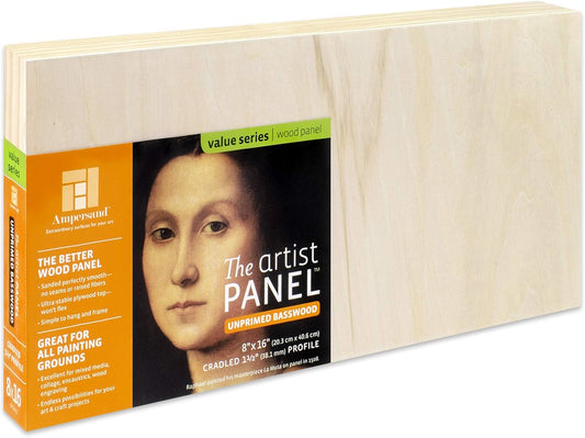 Ampersand Art Supply Unprimed Basswood Artist Panel, 1-1/2" Cradled Profile, 8"x16"