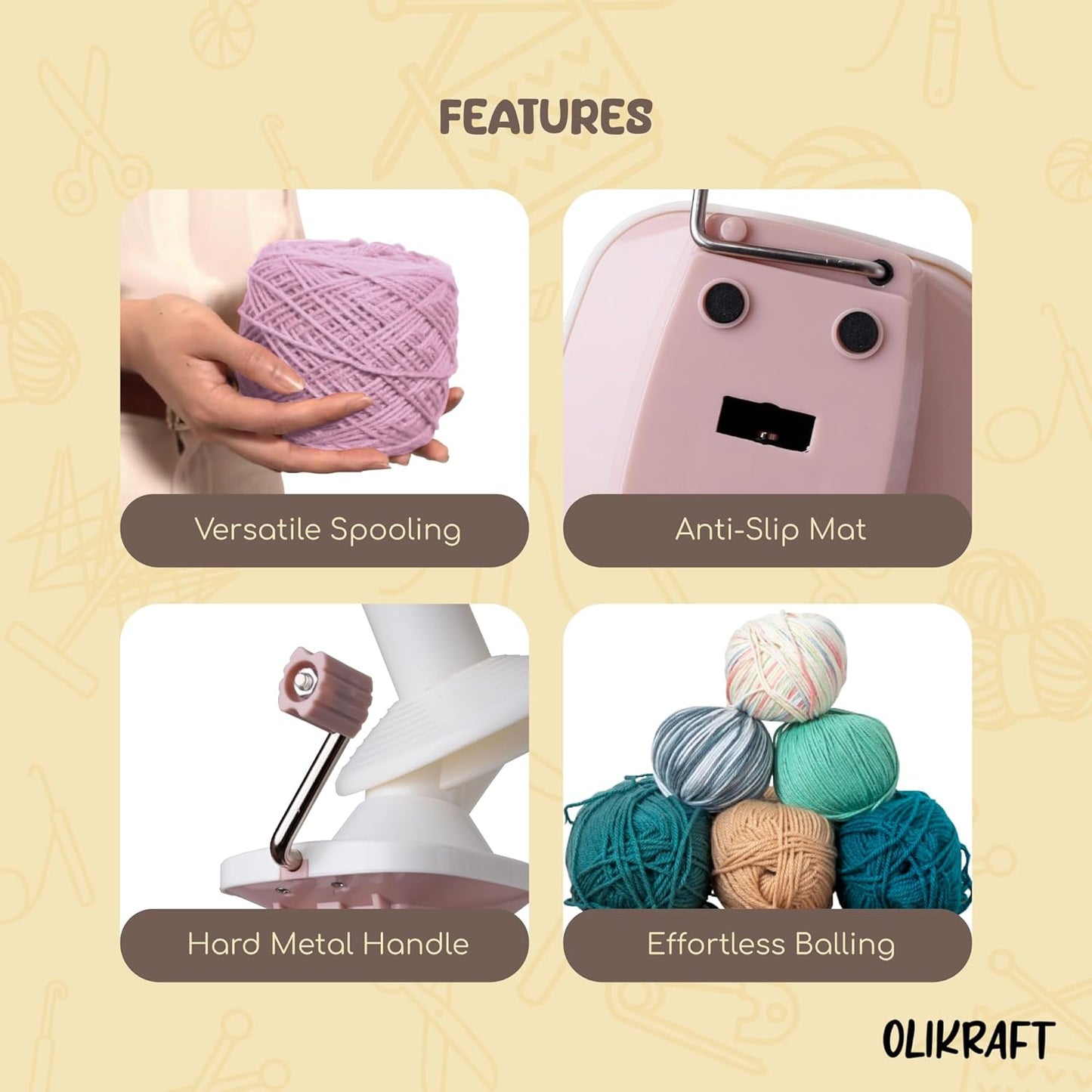 Olikraft Manual Yarn Winder | Yarn Ball Winder, Roller, Baller Crochet Spinner for Crocheting | Clamp for 1 3/4" Surfaces | Create Cakes up to 4oz
