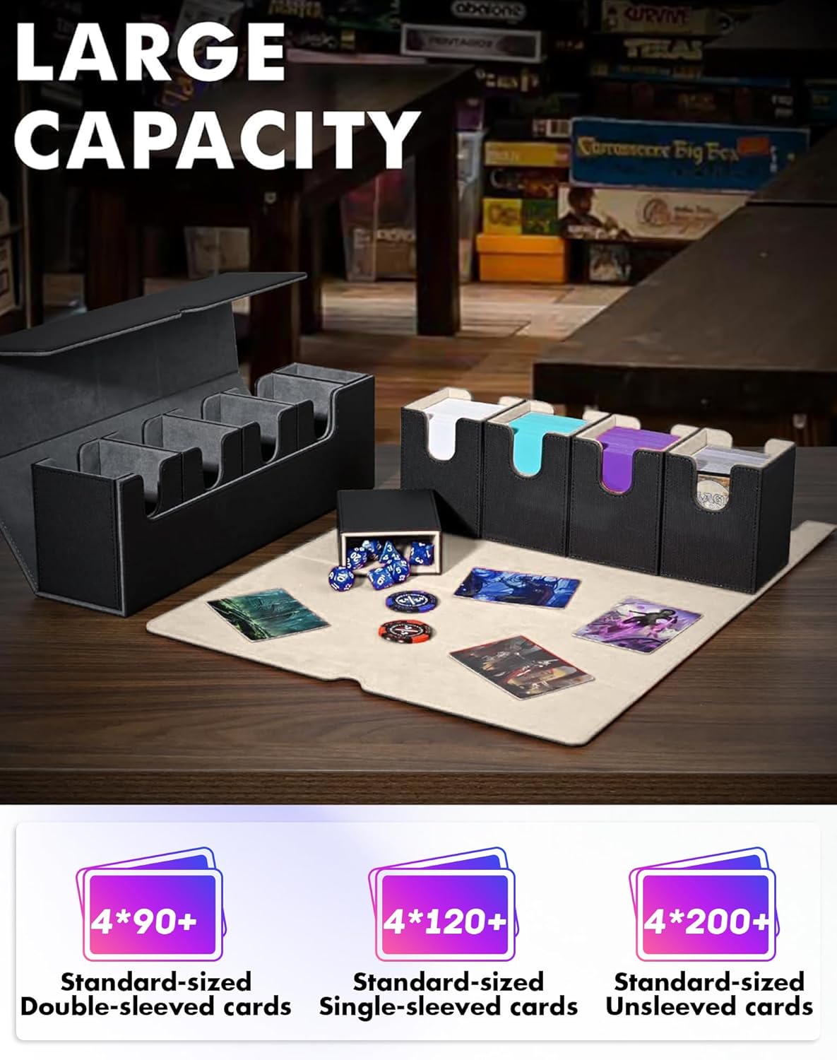 Card Deck Box with Dice Tray for MTG, 5 in 1 Deck Case Holds 800+ Unsleeved Cards, Strong Magnet Card Organizer Compatible with Yugioh TCG Sport (Black Gold)