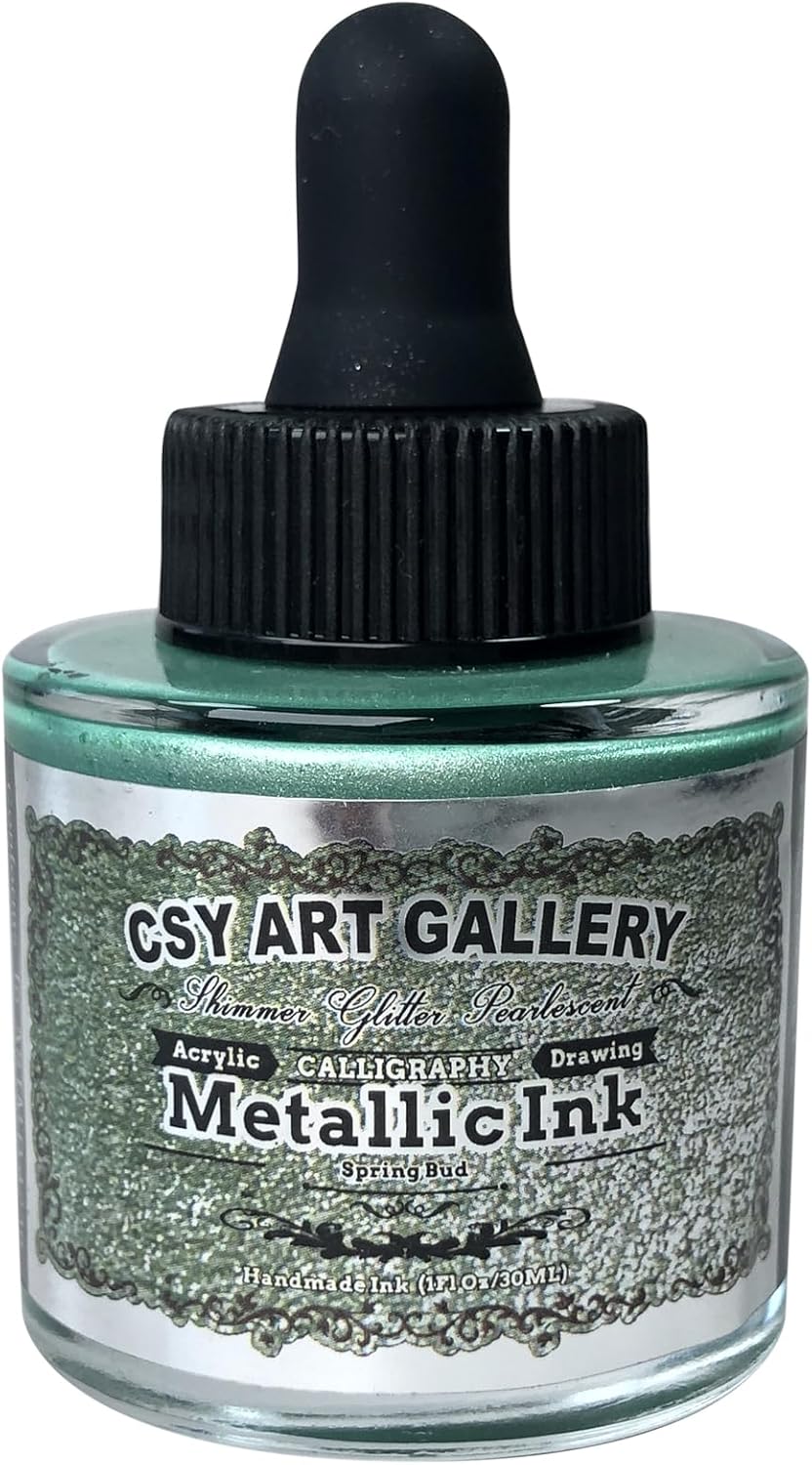CSY Art Gallery Metallic Calligraphy Inks for Artist -Acrylic Paints 30ml – Liquid Green Leaf Paint High Gloss Perfect for Canvas, Wood, Ceramic, and DIY (Spring Bud)
