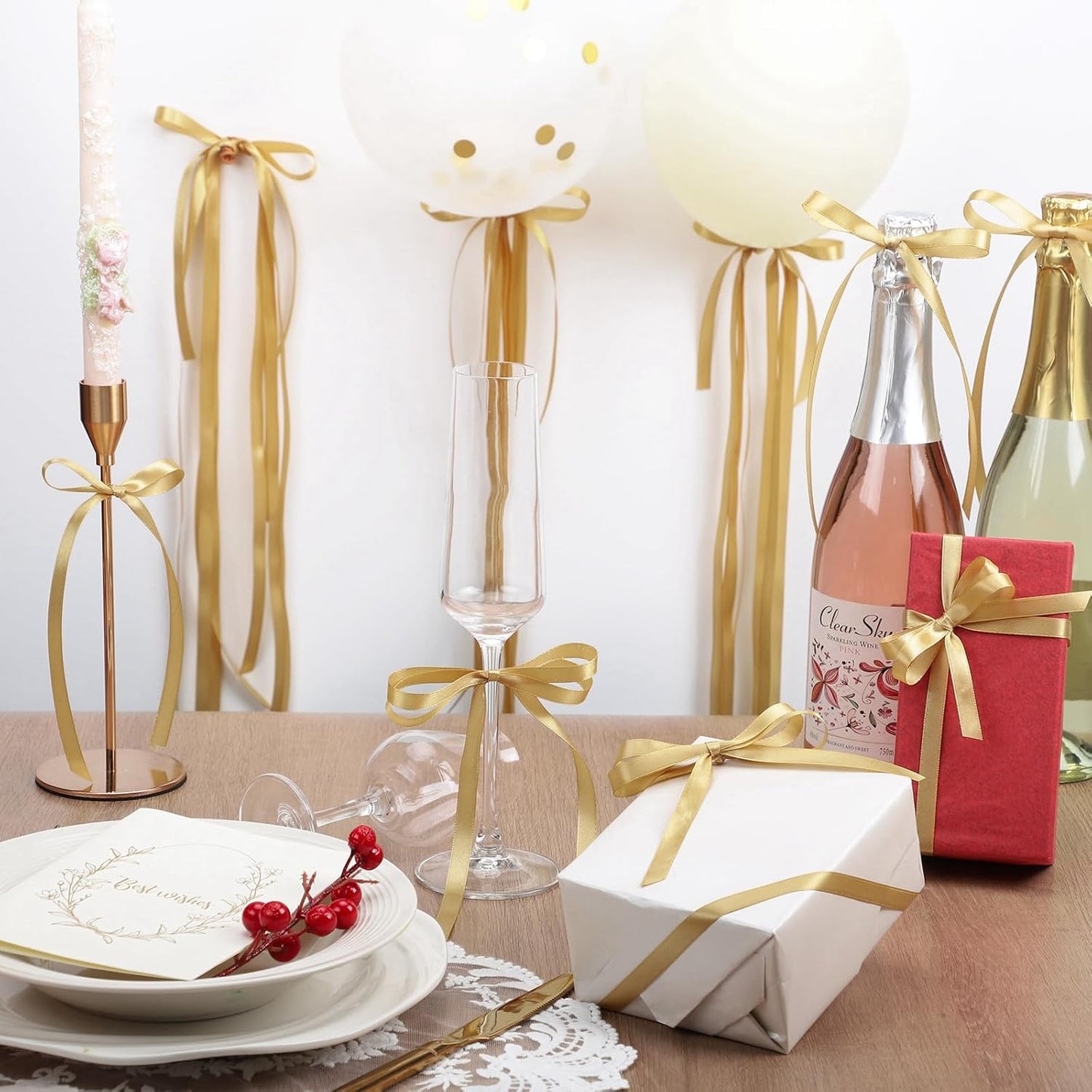 Gold Ribbon 3/8 Inch 120 Yards Thin Craft Christmas Satin Ribbon for Gift Wrapping Sewing Trim Cake Hair Bows Crafts Christmas Decorations