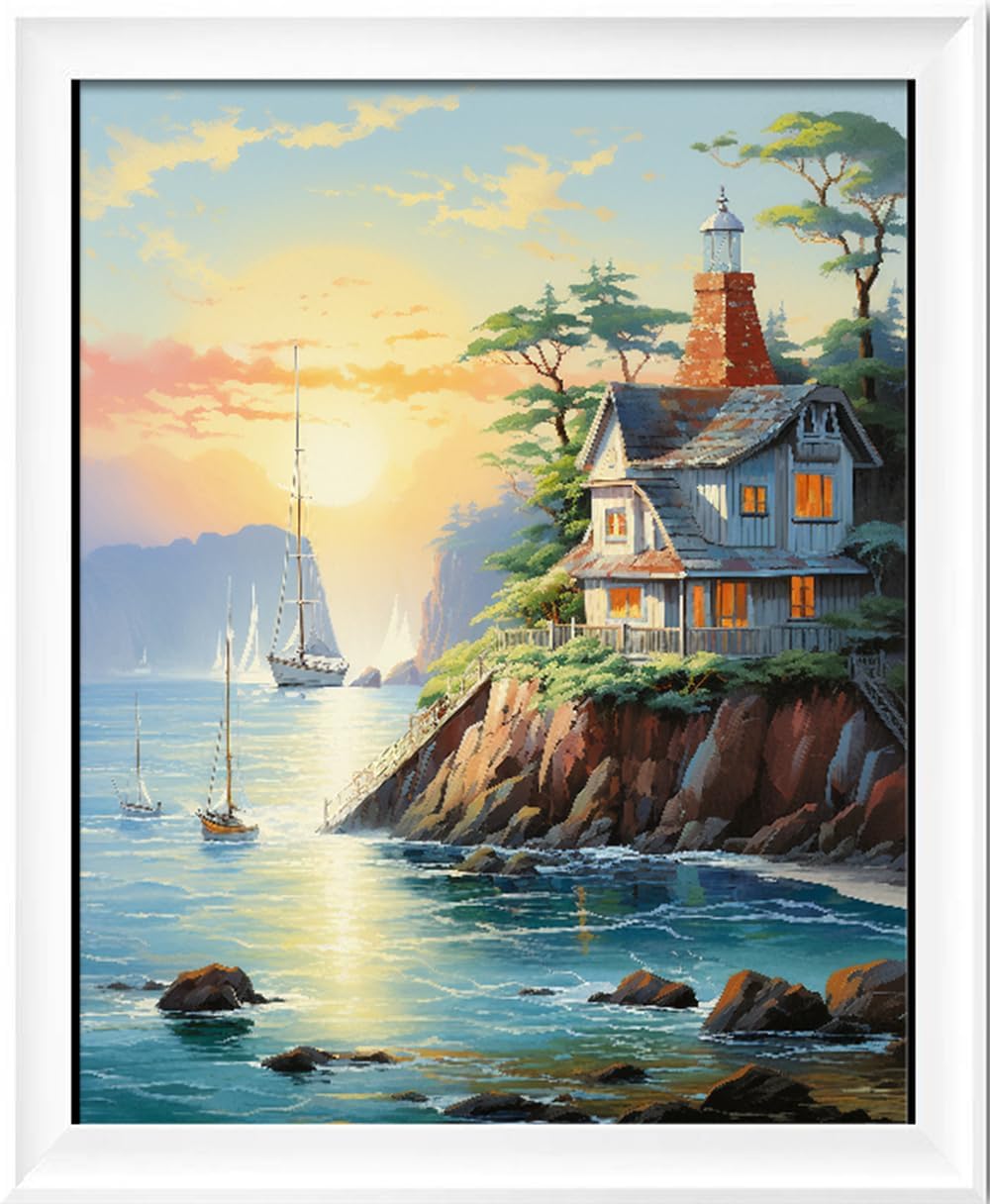 Leczany Cross Stitch Stamped Kit for Adults or Kids - Beach House | DIY Embroidery Starter Patterns Craft Kit Needlepoint for Beginner | 11CT, 3 Strands | 13.4x16.9 inches