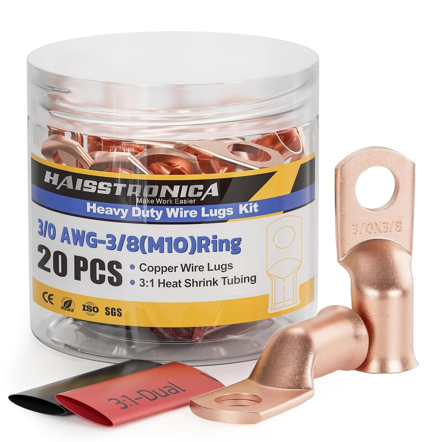 haisstronica 10pcs 3/0 AWG - 3/8"(M10) Battery Cable Lugs, Heavy Duty Copper Wire Lugs with 10pcs 3:1 Adhesive Heat Shrink Tubing, 000 Gauge Wire Lugs, Battery Terminal Connector, Battery Cable Ends