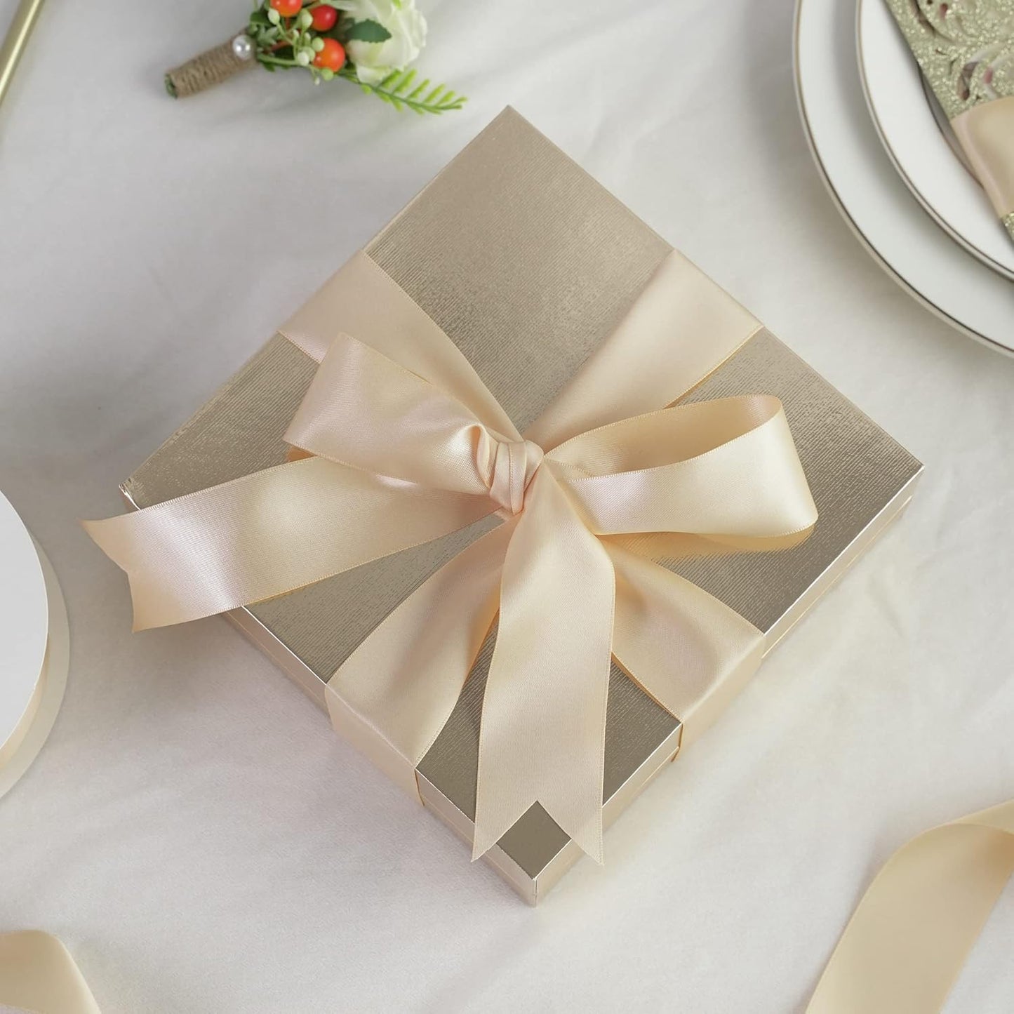 HUIHUANG Champagne Satin Ribbon 1 inch Silk Satin Ribbon 50 Yards Double Face Satin Ribbons for Wedding Decor Christmas Gift Wrapping Tree Decor Bows Bridal Floral Bouquet Invitation Card Party