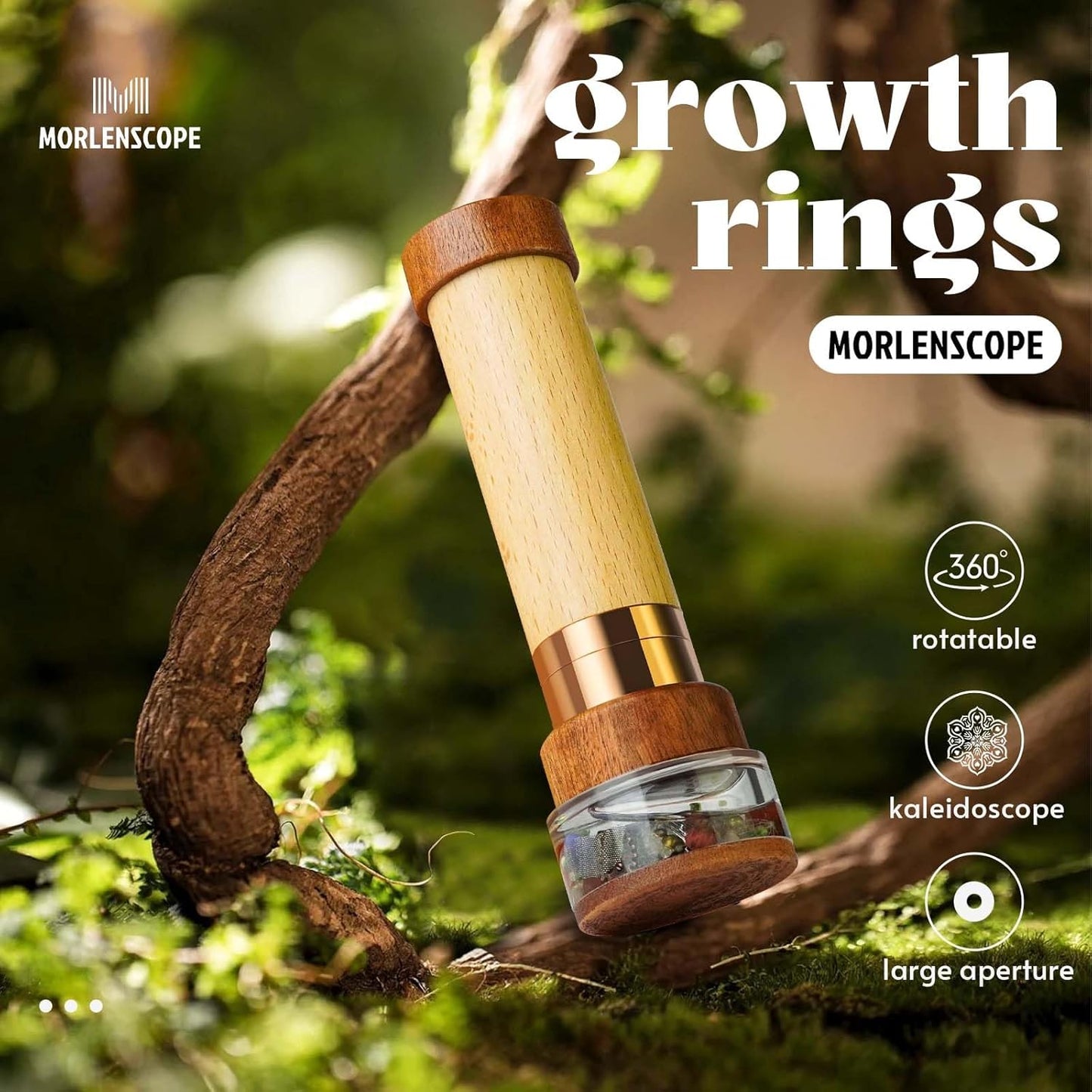 Growth Rings Wooden Kaleidoscope Full Screen Effect,6.5" Handmade Brass Rotatable Oil-Filled Core Box Nature Kaleidoscope Kit,Vintage Gift Box,Anniversary Birthday Gift for Man Woman