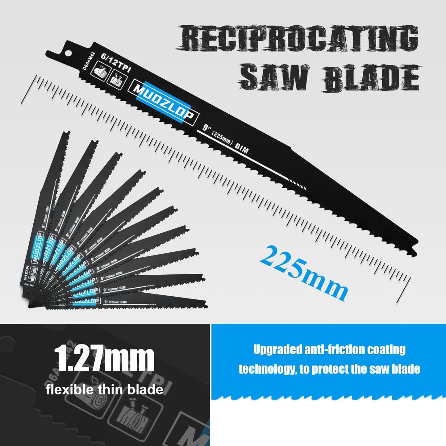 10 Pack 9 inch Reciprocating Saw Blades Set,6/12 TPI High Carbon Saw Blades, Woodcutting Saw Blades with Organizer Case (10, 6/12TPI/225mm)